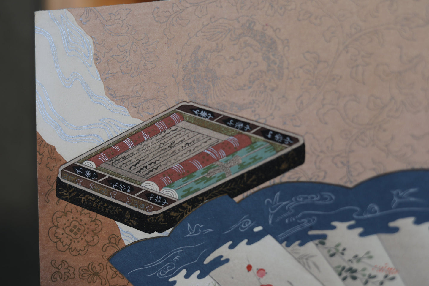 Japanese vintage hand paint and block printing art of Tale of Genji/Buddha Dharma with Kanji Sutra Flower H8.1×W12.2in/H20.5×W31cm