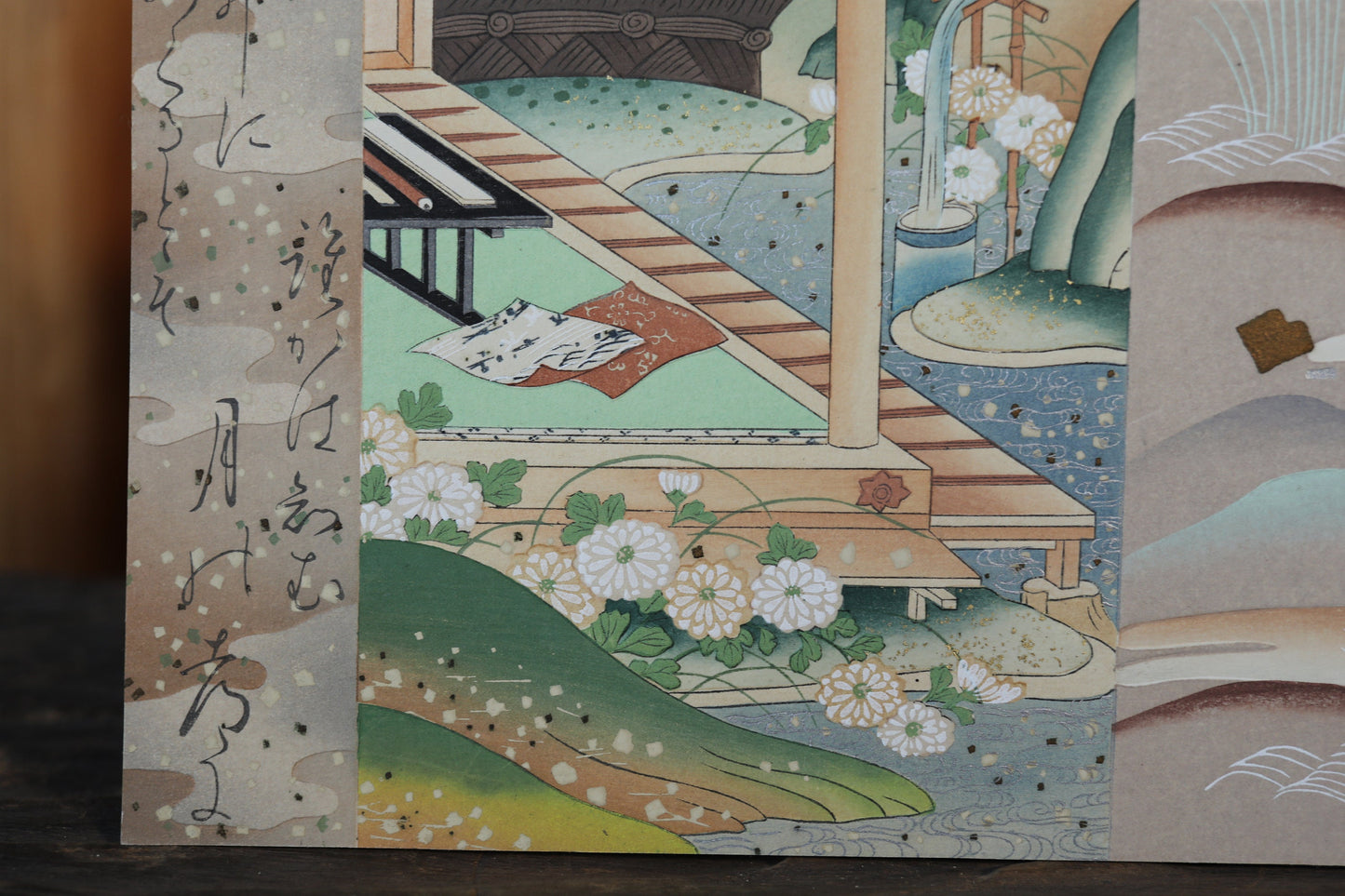 Japanese vintage hand paint and block printing art of Tale of Genji/Drifting boat with Kanji Snow and Boats H8.1×W12.2in/H20.5×W31cm