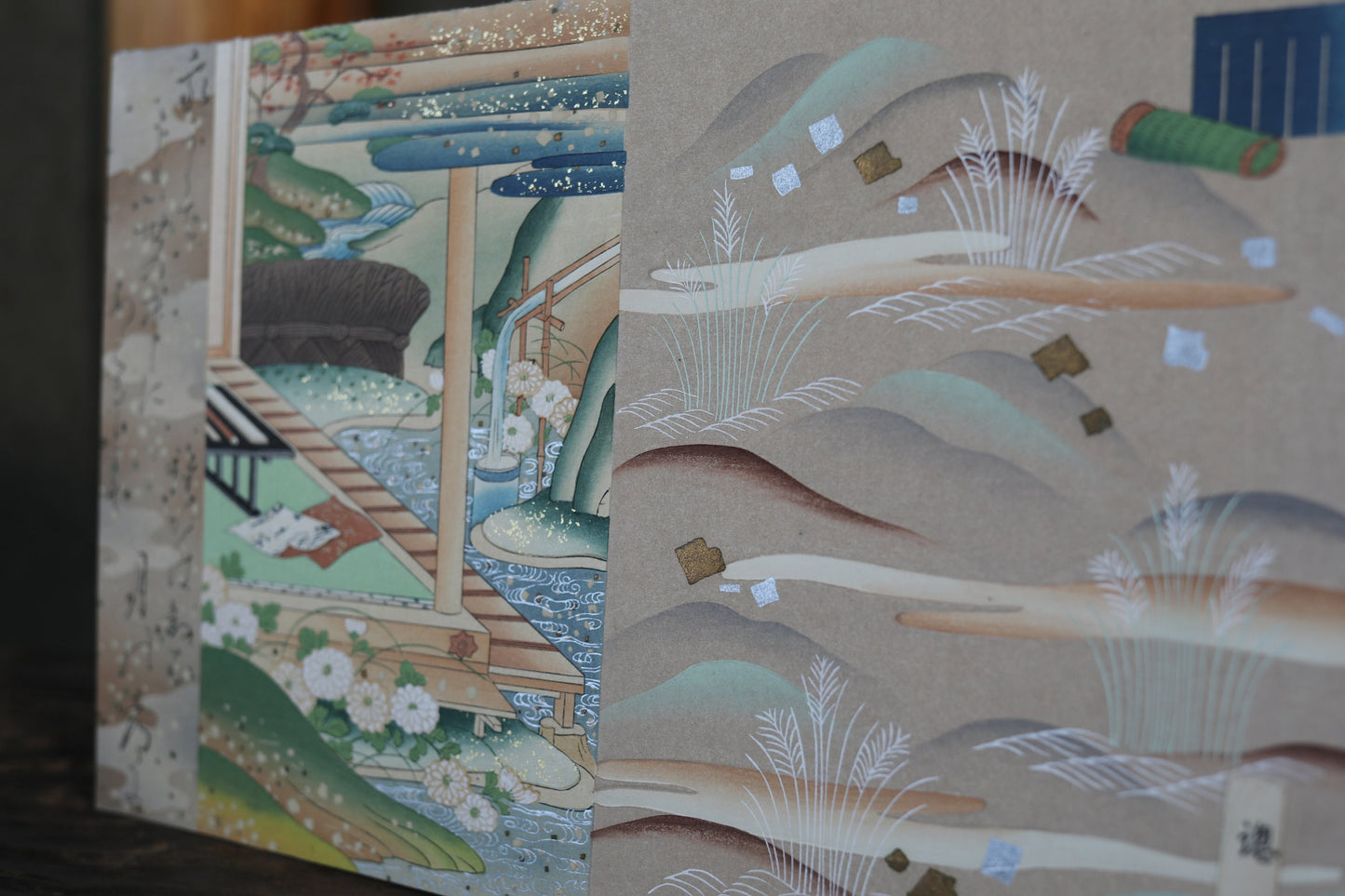 Japanese vintage hand paint and block printing art of Tale of Genji/Drifting boat with Kanji Snow and Boats H8.1×W12.2in/H20.5×W31cm