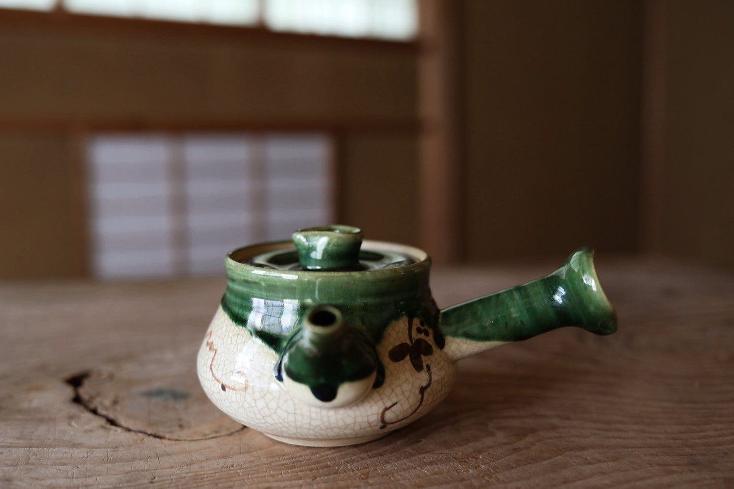 Japanese vintage Oribe ware ceramic tea set, pot, 5cups and waste-water-container, with Kanji signature SENCHA tableware Tea ceremony