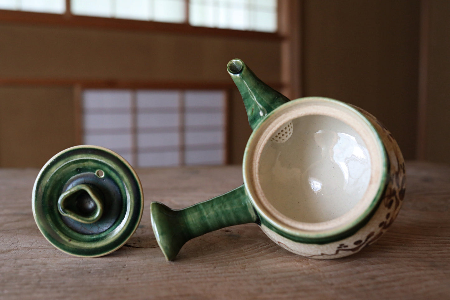 Japanese vintage Oribe ware ceramic tea set, pot, 5cups and waste-water-container, with Kanji signature SENCHA tableware Tea ceremony