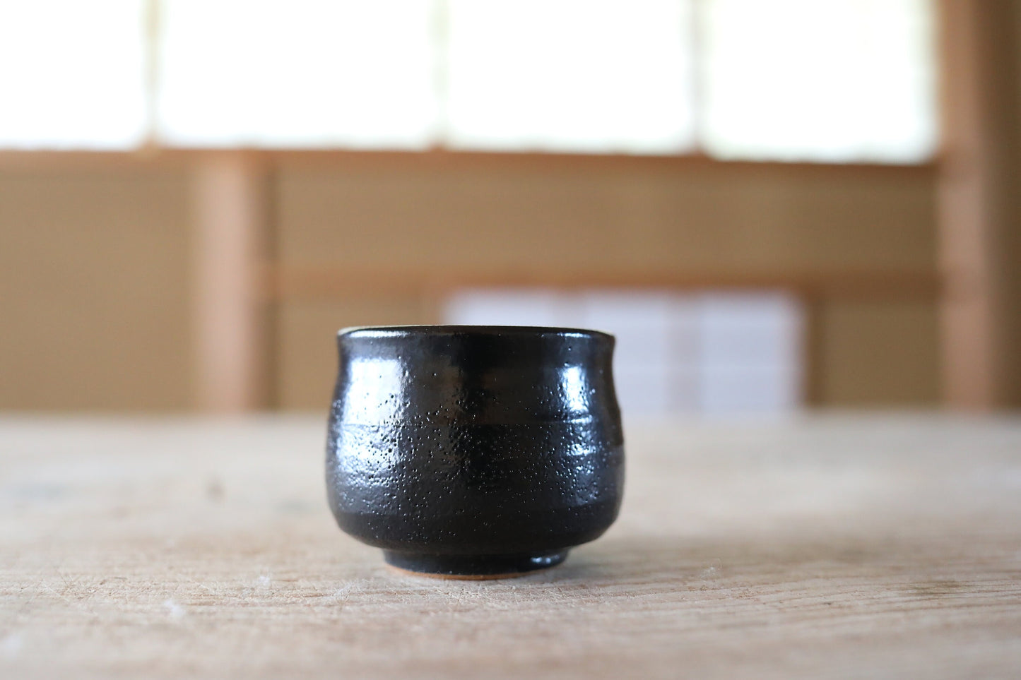 Japanese vintage kiln art sake cup Oribe black with sign 陶象 "sakazuki" "guinomi" with wooden box Calligraphy For GIFT 1.9in×2.4in/4.8×6.1cm
