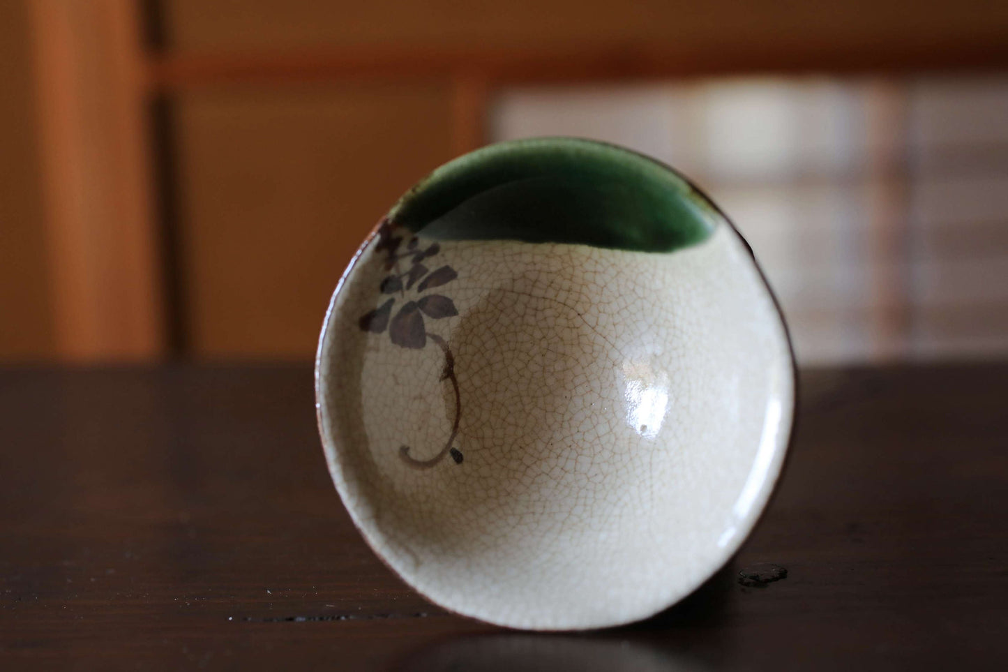 Japanese vintage kiln art sake cup Oribe green with sign "sakazuki" "guinomi" with wooden box Calligraphy For GIFT 1.5in×3.4in/3.9×8.7cm