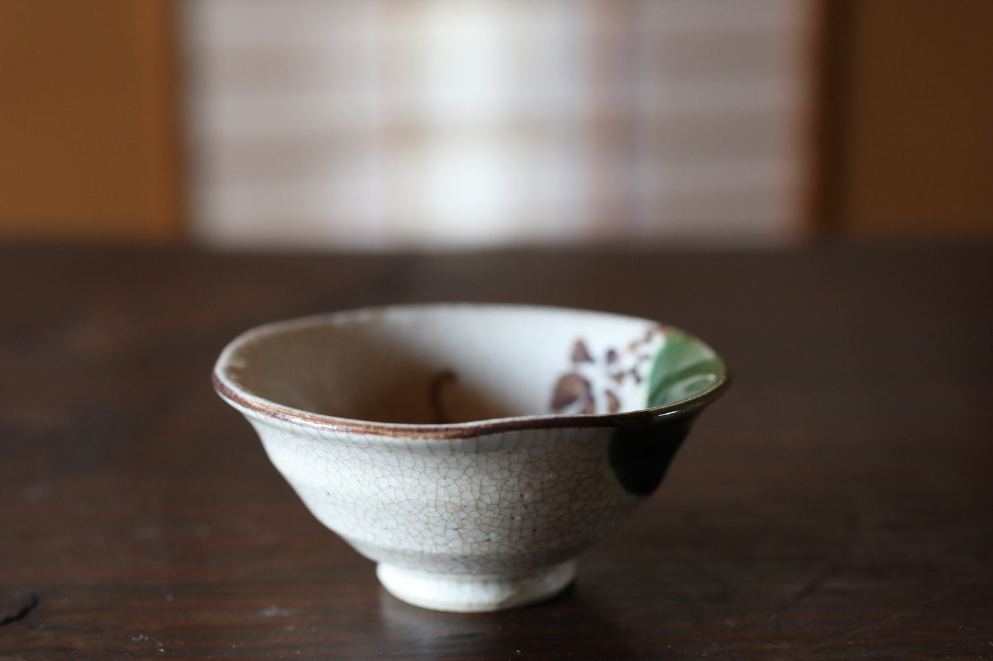 Japanese vintage kiln art sake cup Oribe green with sign "sakazuki" "guinomi" with wooden box Calligraphy For GIFT 1.5in×3.4in/3.9×8.7cm