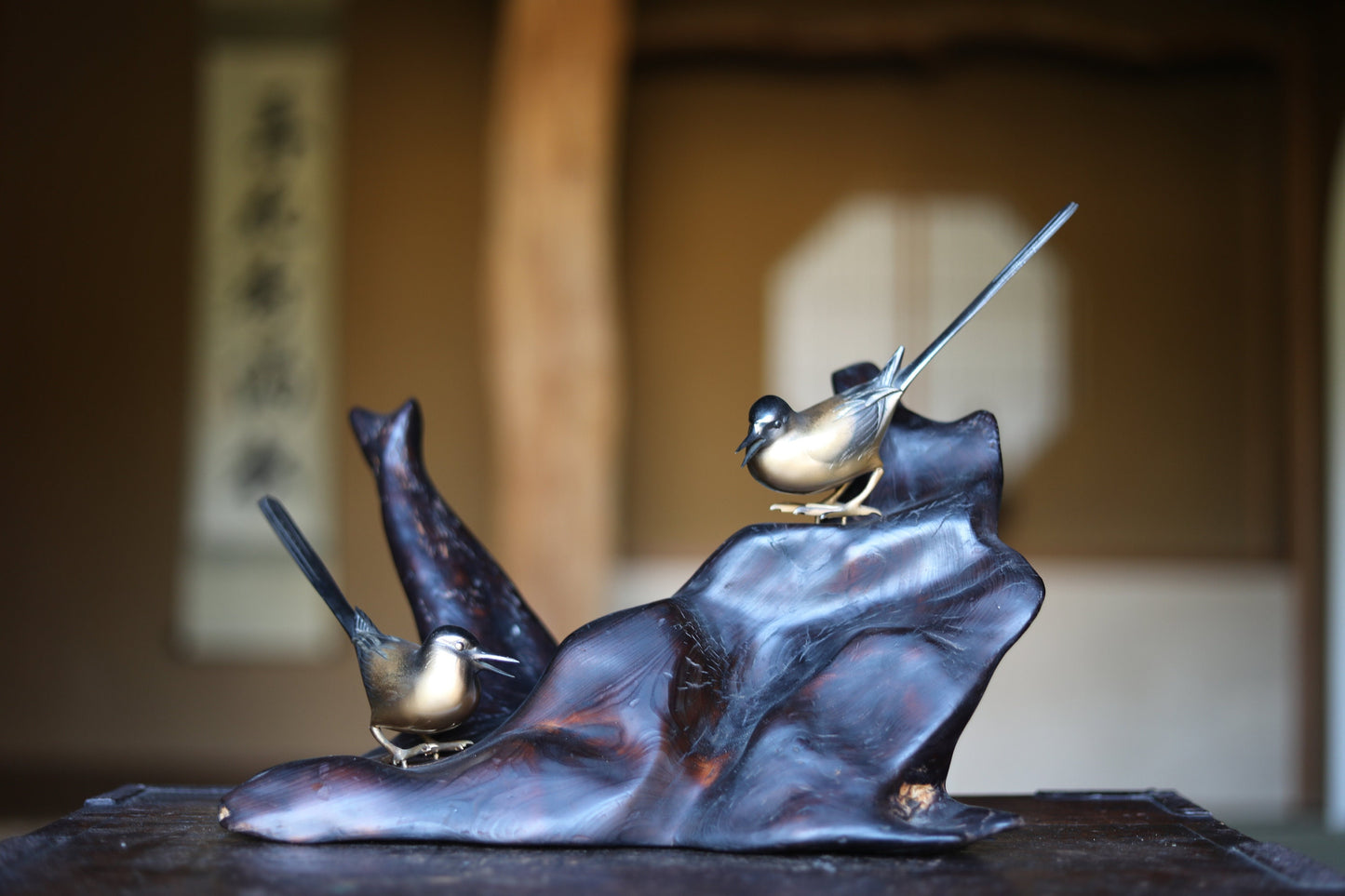 Japanese antique pair of long tail birds made of bronze and wood burl stand, "BONKEI", with signature, 1900s H10.4in×W13.8in×D7.9in