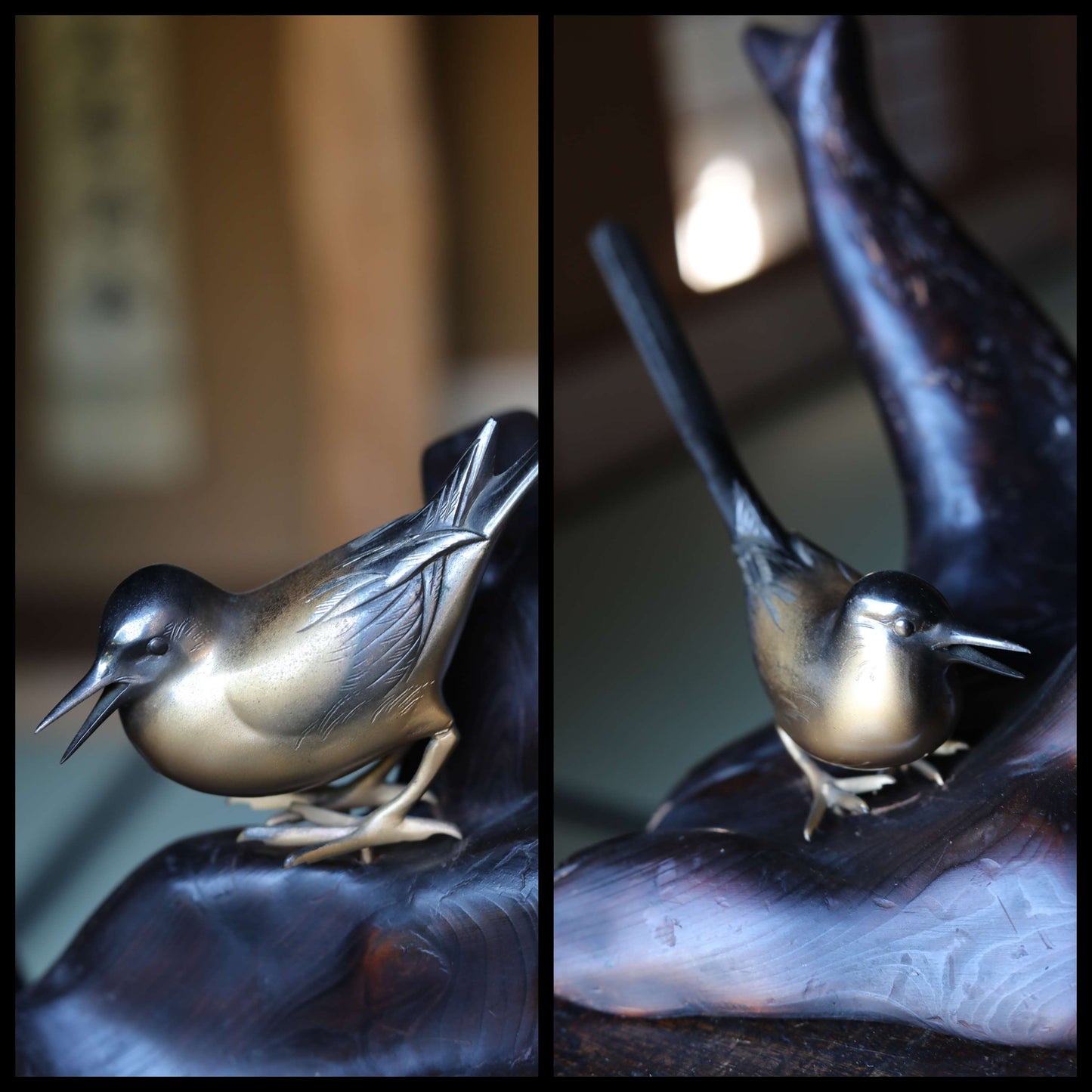 Japanese antique pair of long tail birds made of bronze and wood burl stand, "BONKEI", with signature, 1900s H10.4in×W13.8in×D7.9in