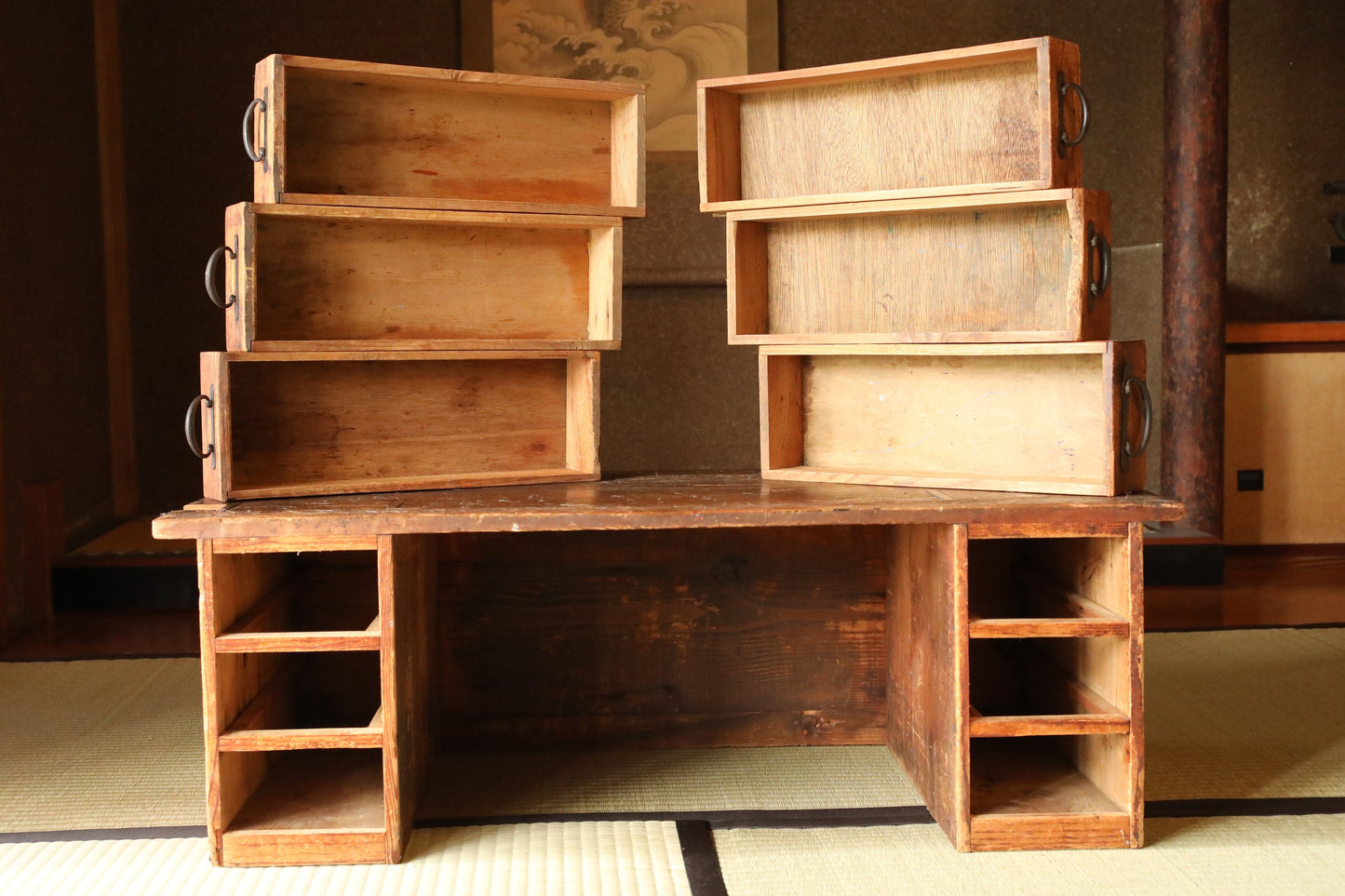 Japanese vintage furniture low table ,Chest of Drawers "Tansu" with 6 drawers and handles 1950s H11.4in×W33.4in/H29×84.8cm