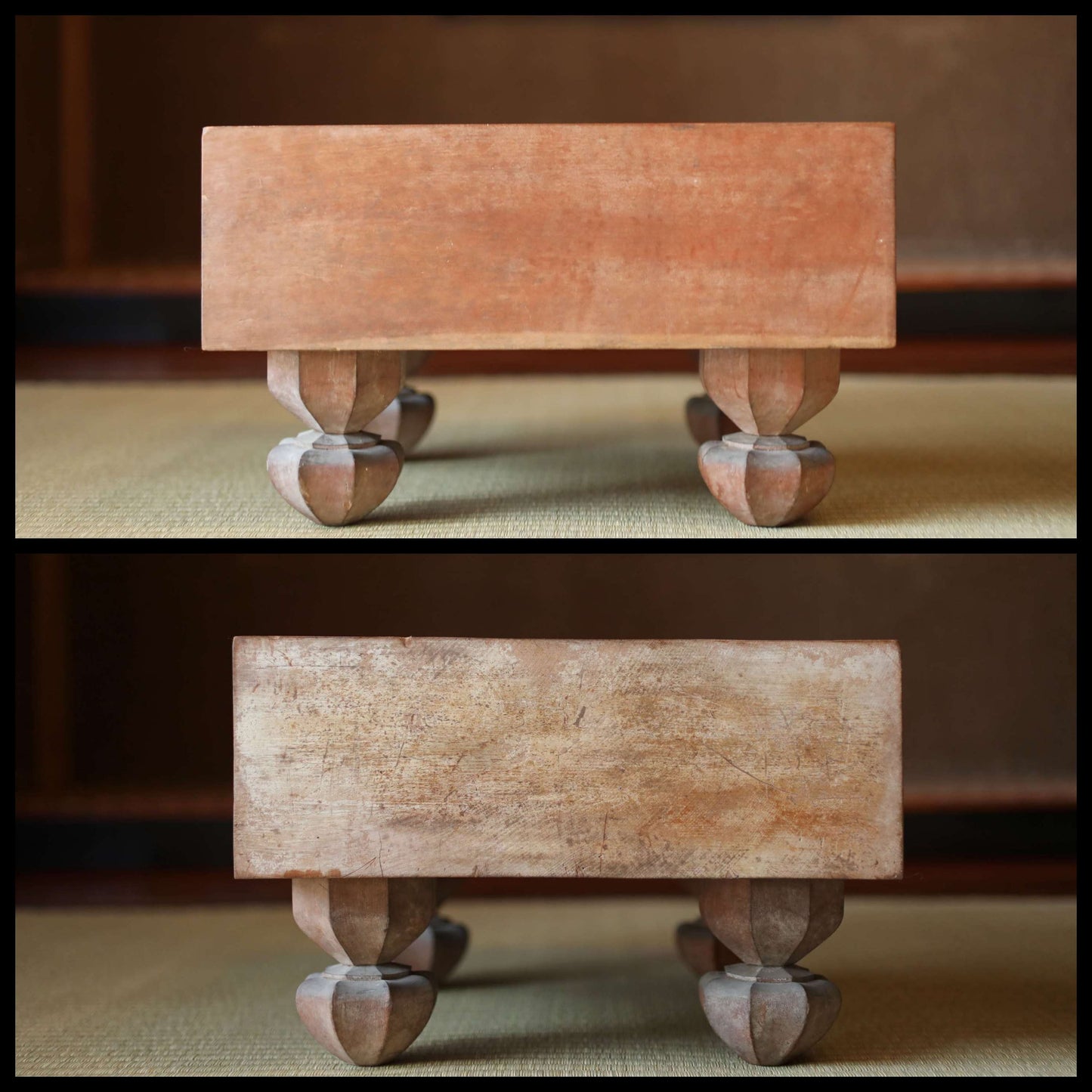 Japanese furniture antique SHOGI playing table curved out of one wood, with pieces ready to play, H8.5in×W14.1in/H21.5×35.7cm