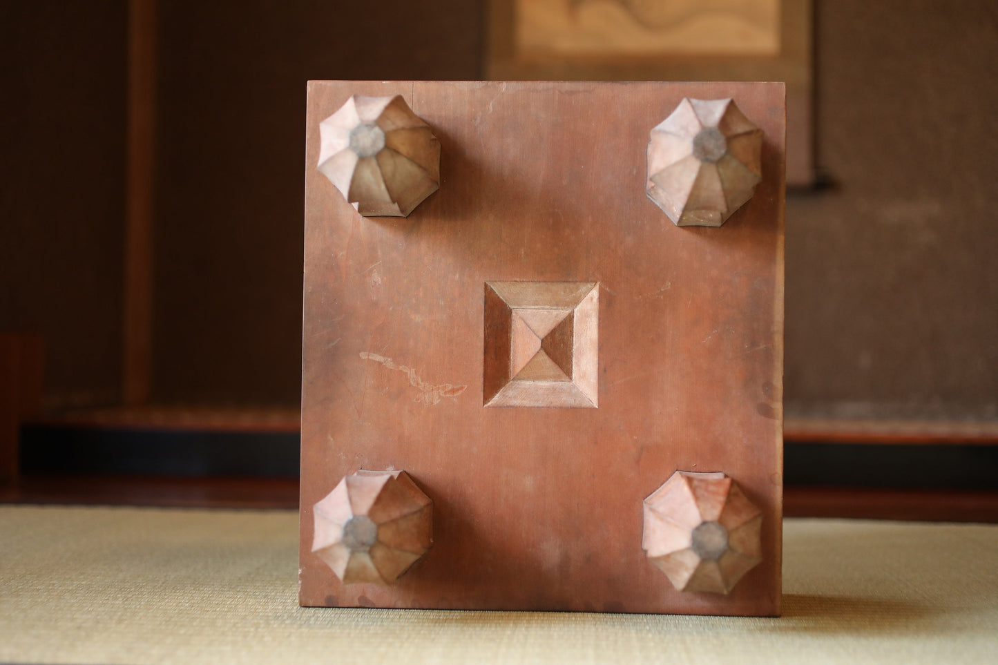 Japanese furniture antique SHOGI playing table curved out of one wood, with pieces ready to play, H8.5in×W14.1in/H21.5×35.7cm