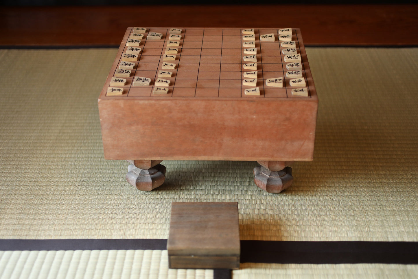 Japanese furniture antique SHOGI playing table curved out of one wood, with pieces ready to play, H8.5in×W14.1in/H21.5×35.7cm