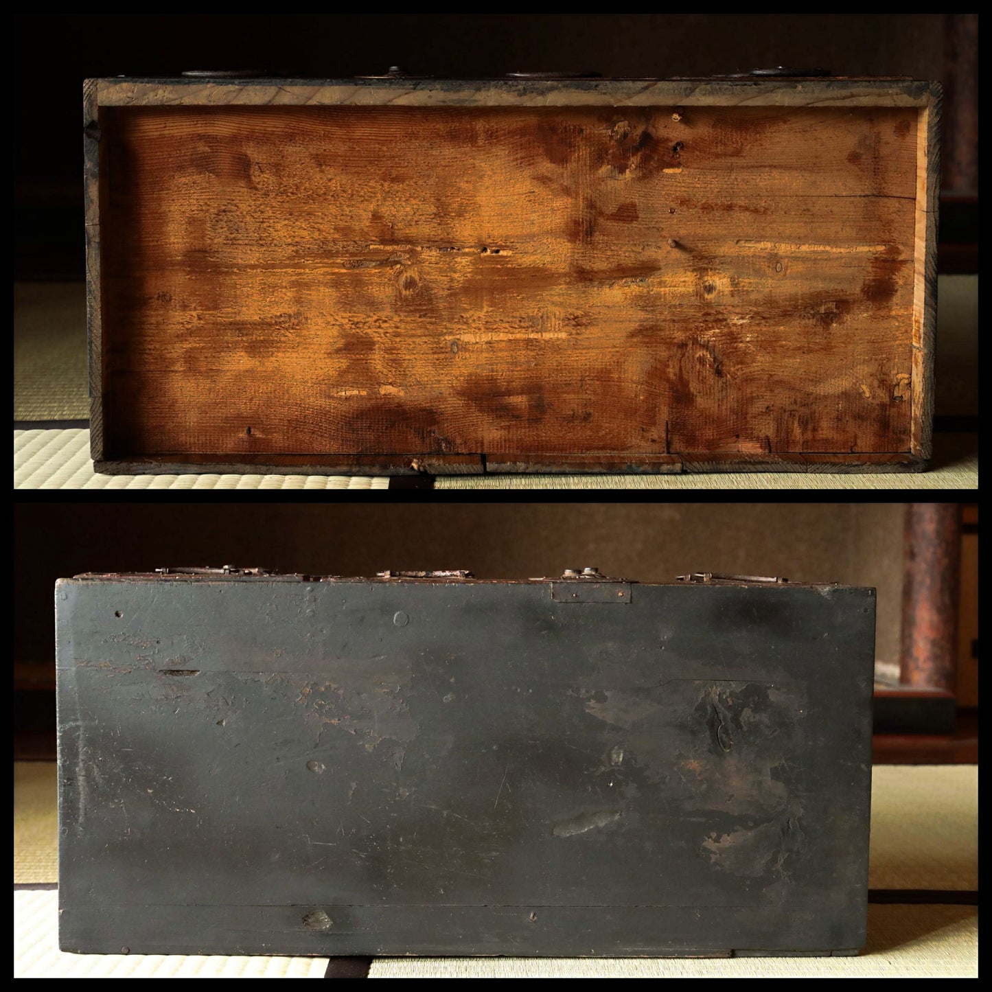 FINE! Japanese antique furniture 1800s black wooden low Chest of Drawers "TANSU" cool metal clasp Edo craft H10.6in×W22.4in×27in×57cm