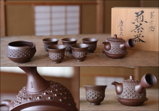 FINE! Japanese vintage ceramic BANKO kiln tea set, pot, 5cups, waste-water-container with Kanji signature SENCHA tableware Tea ceremony