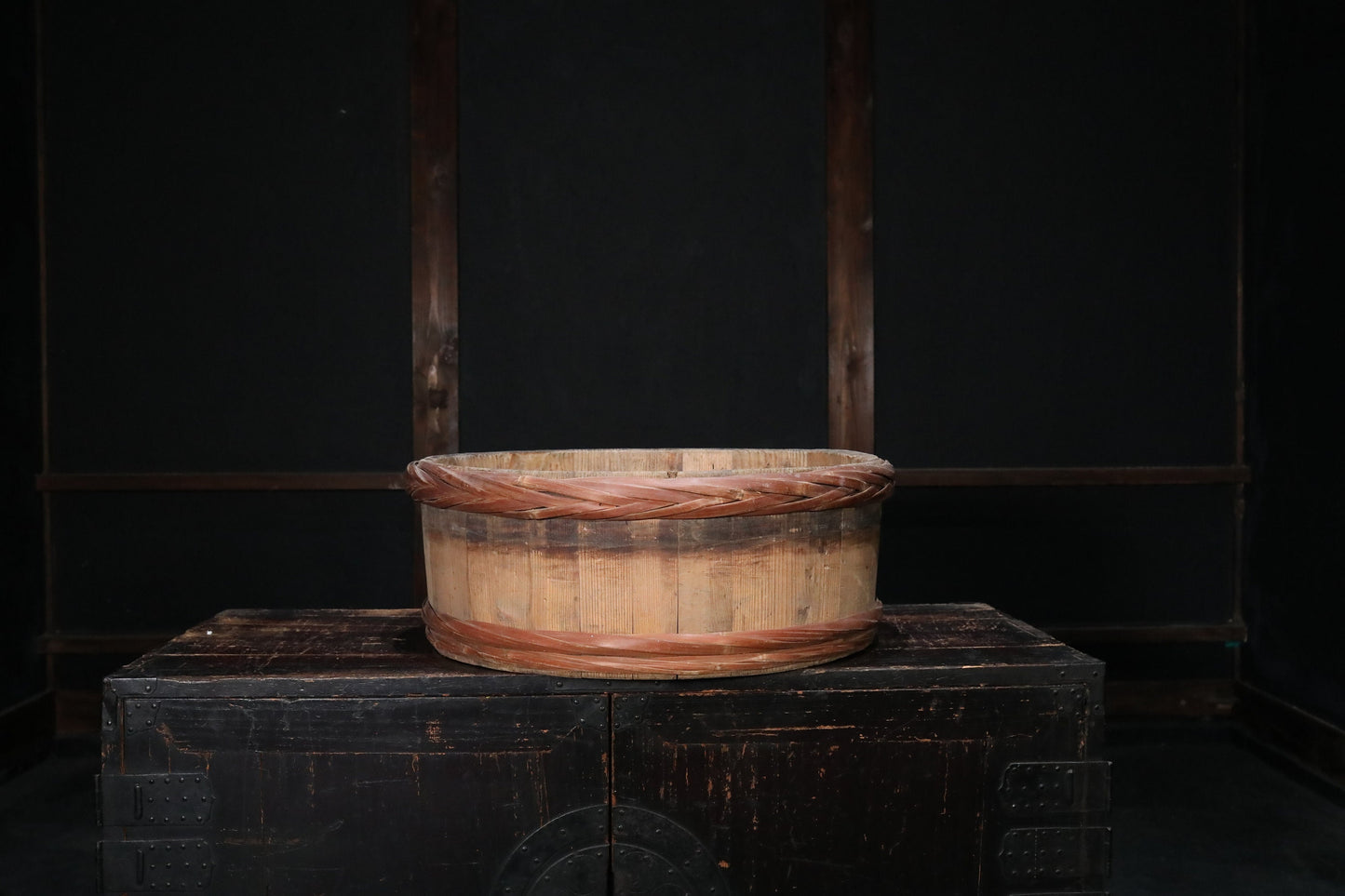 Japanese antique 1950s wooden tub large storage "OKE/bucket" with bamboo belt, MINGEI, farm appliance, H7.9×20.9in/H20×53cm