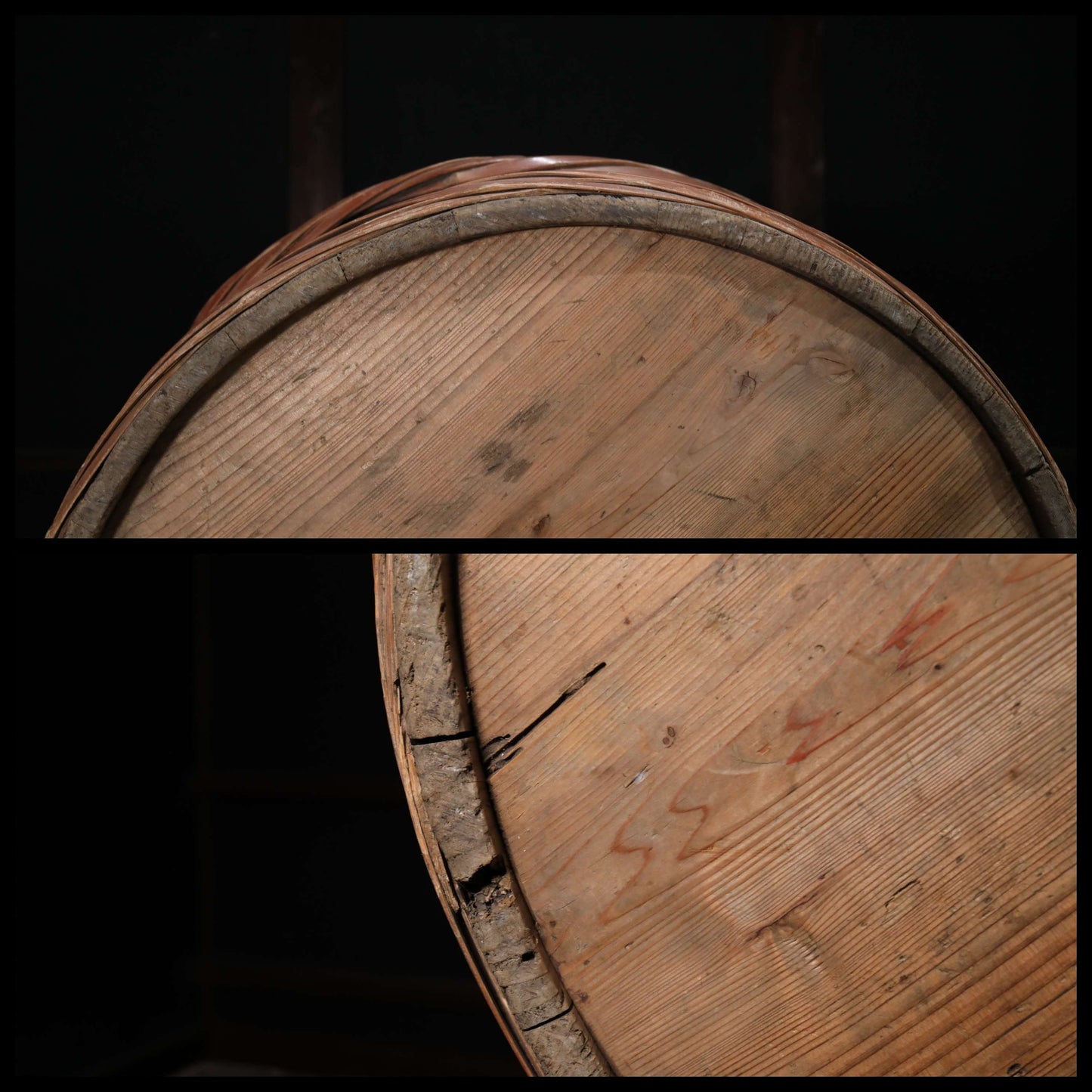 Japanese antique 1950s wooden tub large storage "OKE/bucket" with bamboo belt, MINGEI, farm appliance, H7.9×20.9in/H20×53cm