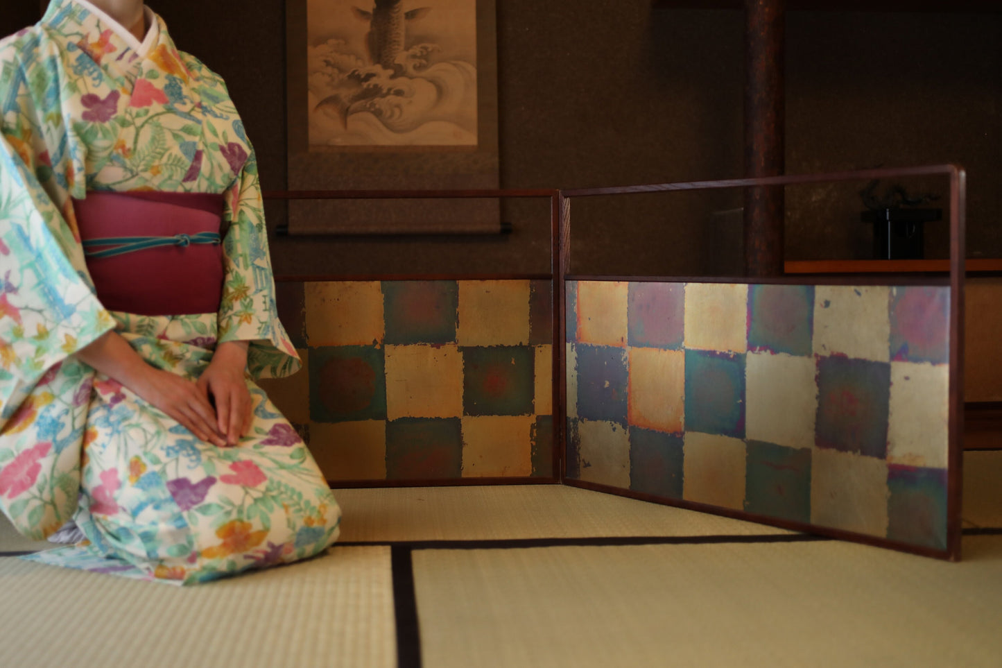Japanese Furniture vintage byobu 結界Boundary partition for tea ceremony / folding screen Furo-saki check pattern H21.5×W28.7in/H54.5×W73cm