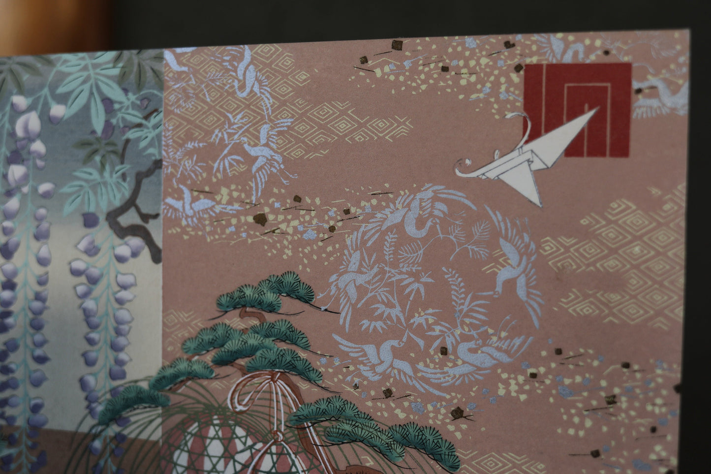 Japanese vintage fine hand paint and block printing art of Tale of Genji/ Wisteria flower with Kanji Kimono Design H8.1×W12.2in/H20.5×W31cm