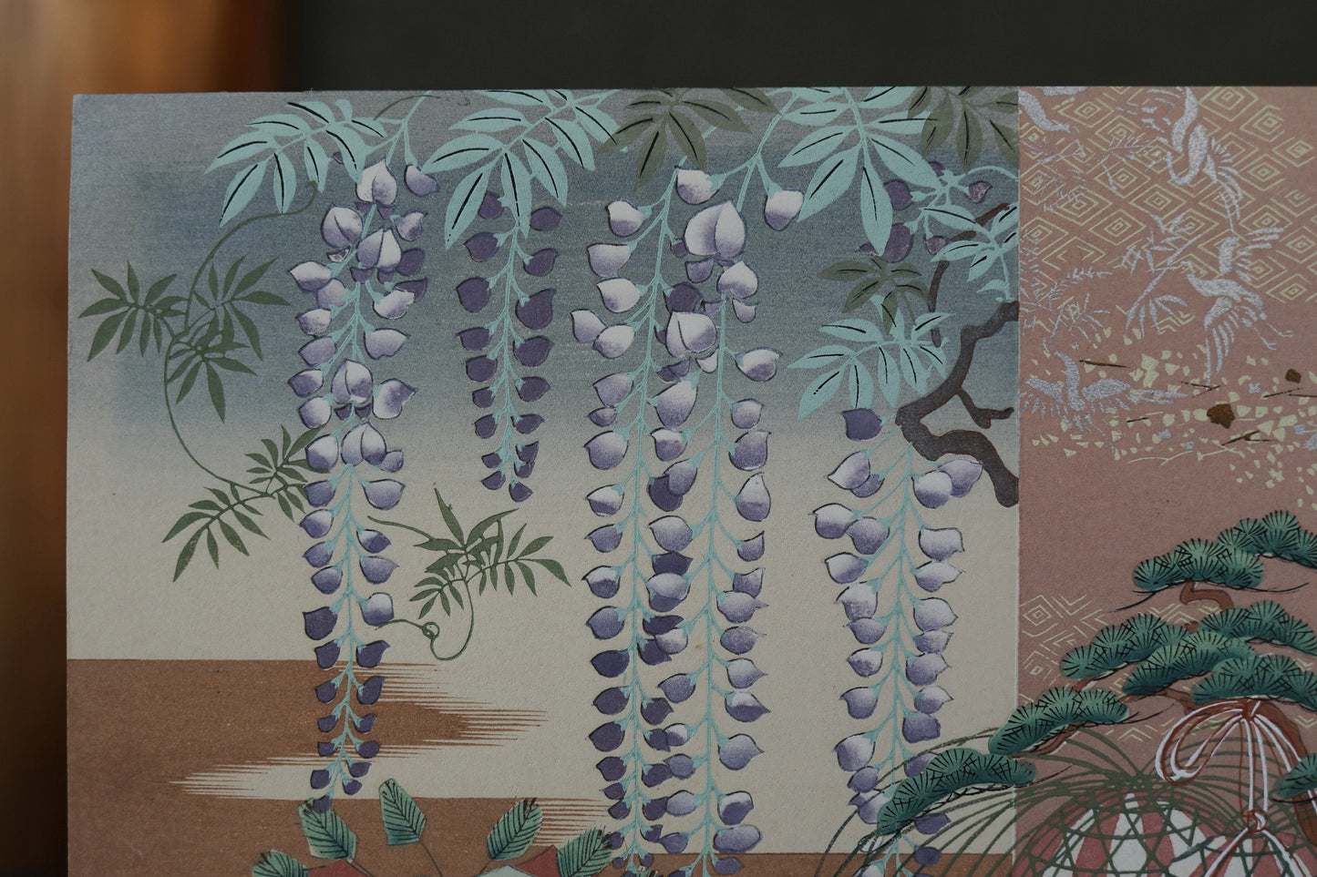 Japanese vintage fine hand paint and block printing art of Tale of Genji/ Wisteria flower with Kanji Kimono Design H8.1×W12.2in/H20.5×W31cm