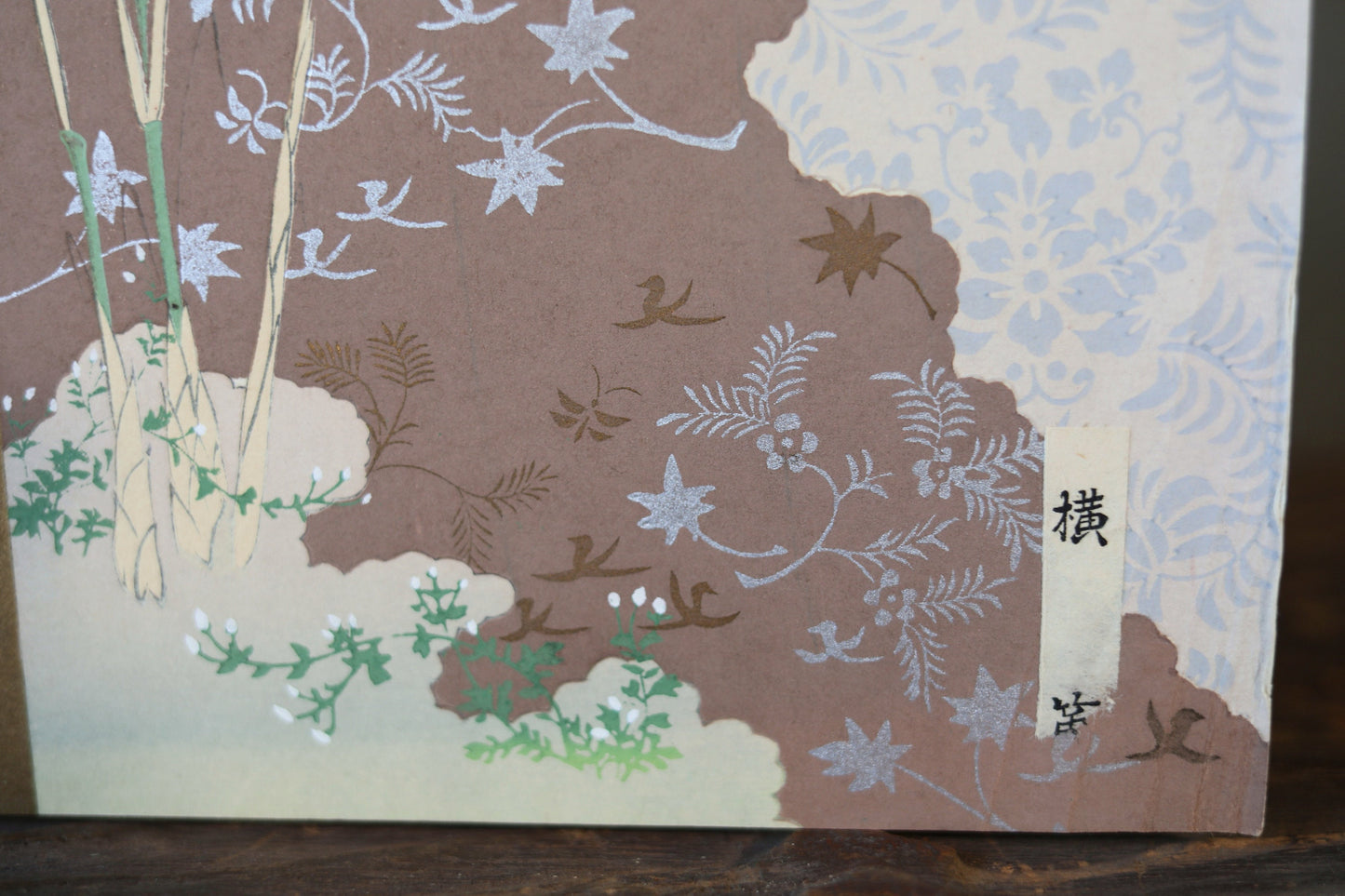 Japanese vintage hand paint and block printing art of Tale of Genji/ transverse flute with Kanji Kimono Design H8.1×W12.2in/H20.5×W31cm