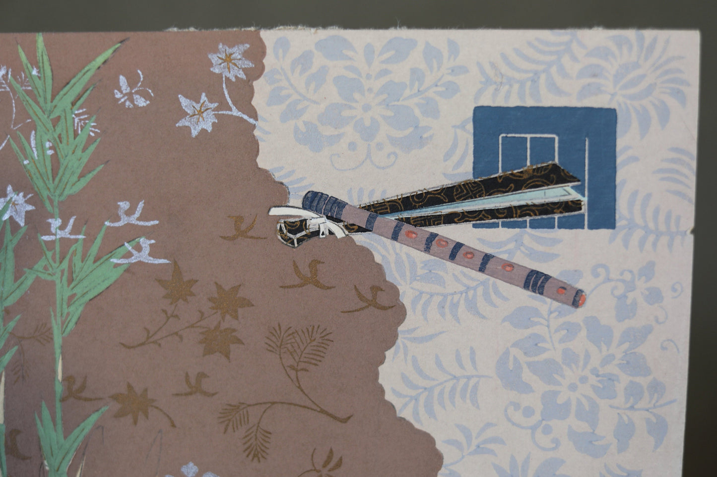 Japanese vintage hand paint and block printing art of Tale of Genji/ transverse flute with Kanji Kimono Design H8.1×W12.2in/H20.5×W31cm