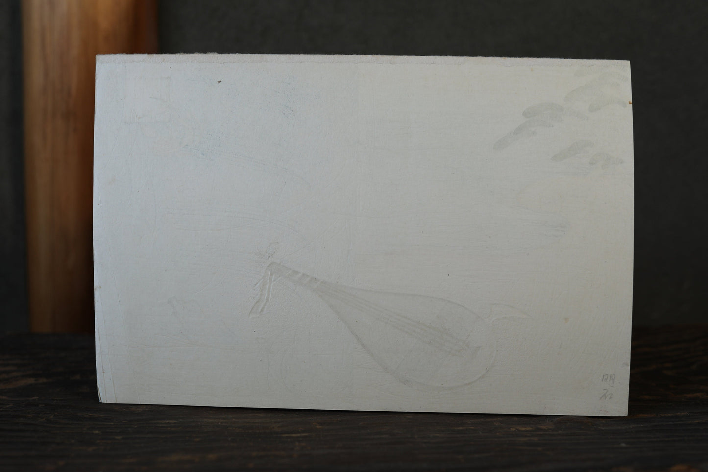 Japanese vintage hand paint and block printing art of Tale of Genji/Akashi town with Kanji Japanese lute waves H8.1×W12.2in/H20.5×W31cm