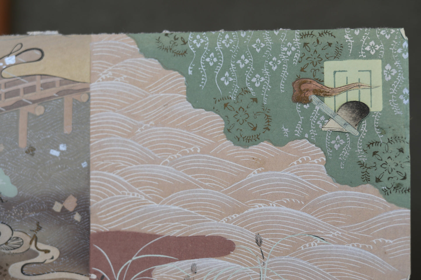 Japanese vintage hand paint and block printing art of Tale of Genji/Dragonfly with Kanji calligraphy garden H8.1×W12.2in/H20.5×W31cm