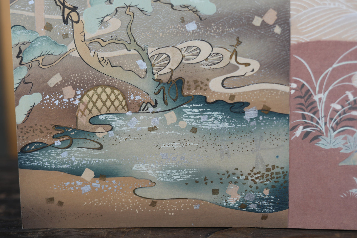 Japanese vintage hand paint and block printing art of Tale of Genji/Dragonfly with Kanji calligraphy garden H8.1×W12.2in/H20.5×W31cm