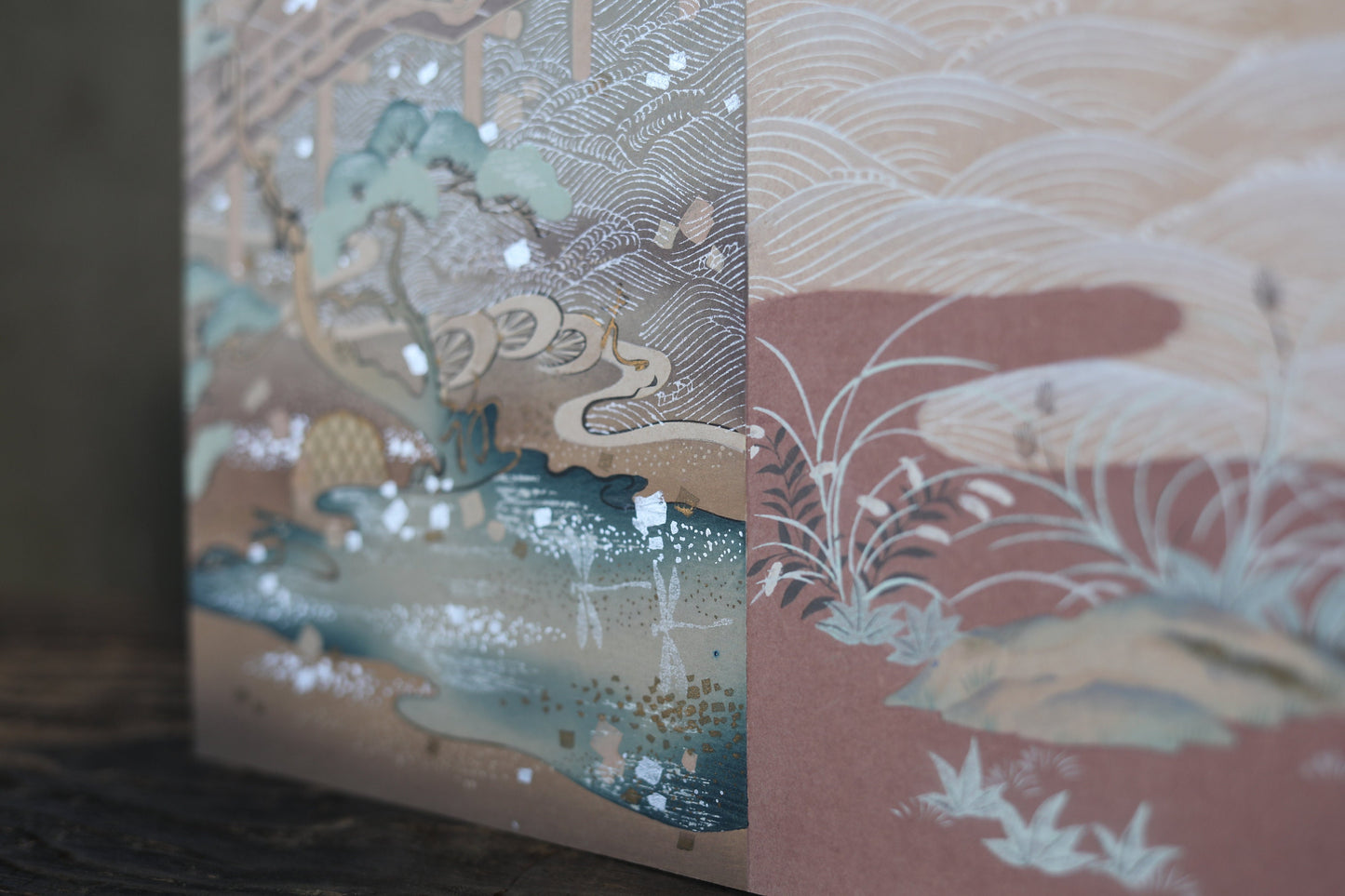 Japanese vintage hand paint and block printing art of Tale of Genji/Dragonfly with Kanji calligraphy garden H8.1×W12.2in/H20.5×W31cm