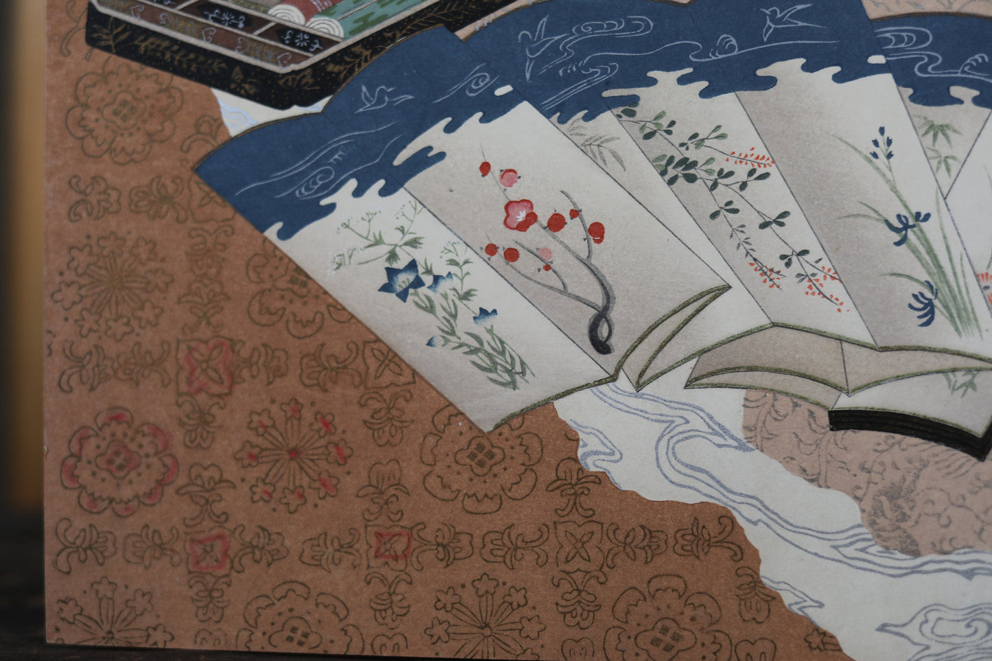 Japanese vintage hand paint and block printing art of Tale of Genji/Buddha Dharma with Kanji Sutra Flower H8.1×W12.2in/H20.5×W31cm