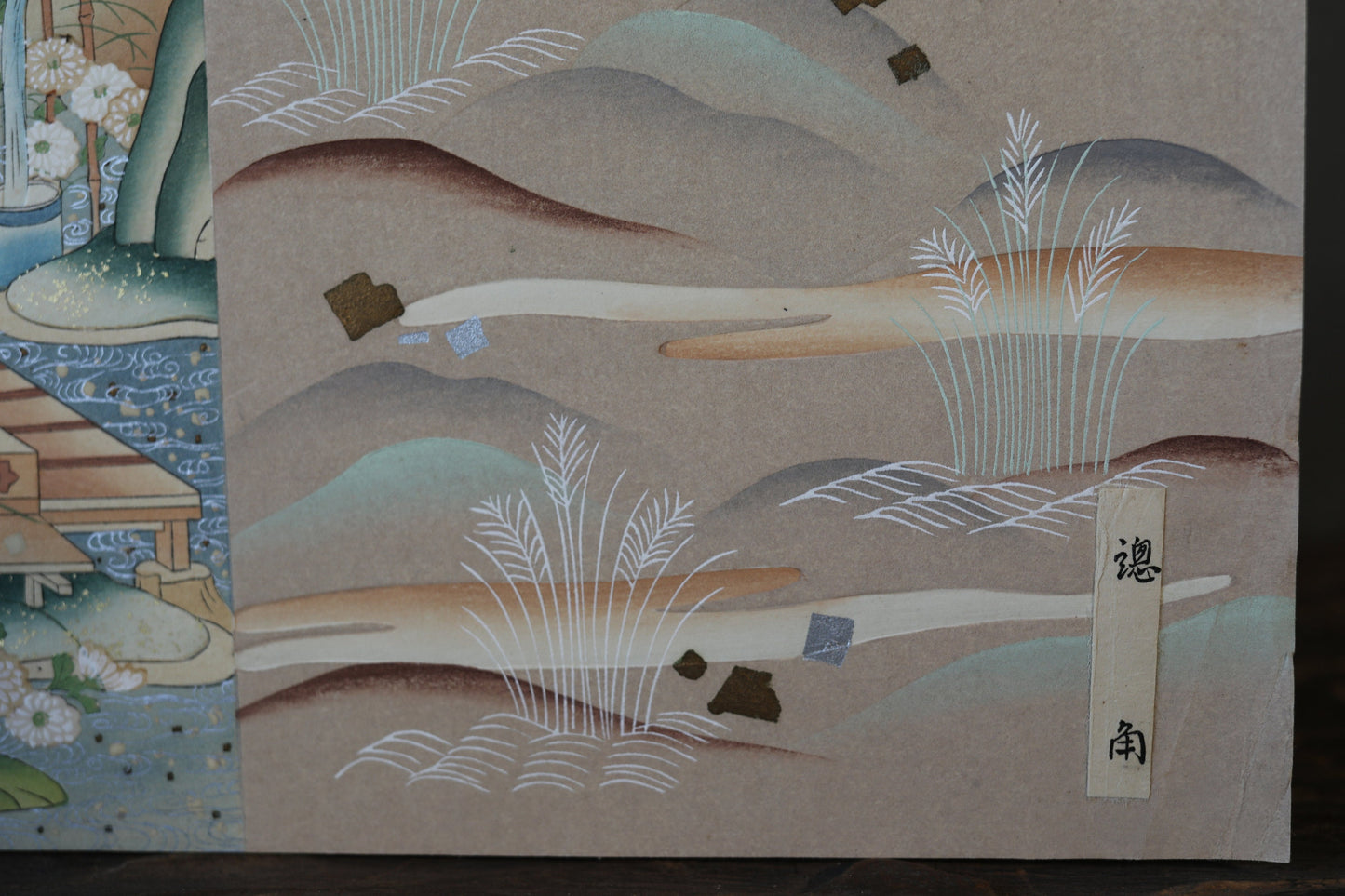 Japanese vintage hand paint and block printing art of Tale of Genji/Drifting boat with Kanji Snow and Boats H8.1×W12.2in/H20.5×W31cm