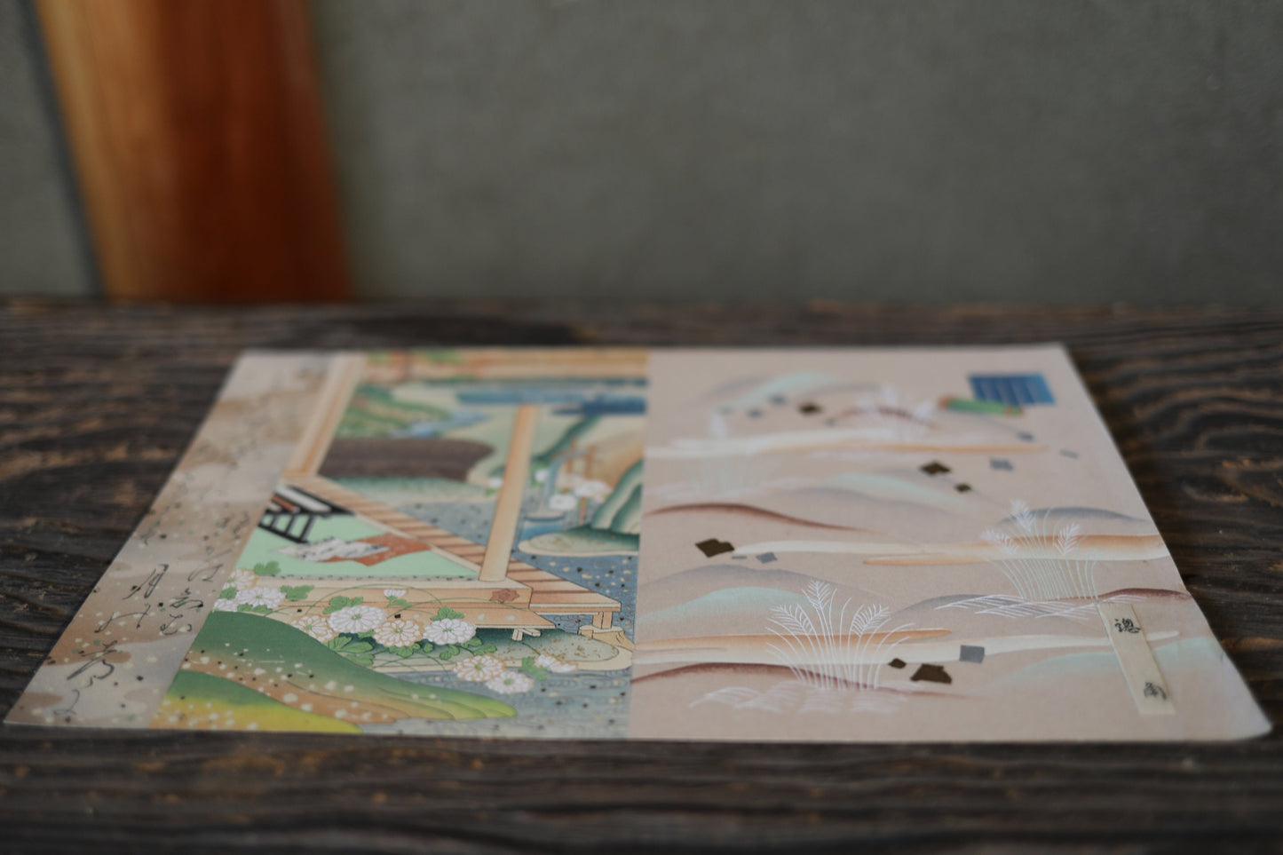 Japanese vintage hand paint and block printing art of Tale of Genji/Drifting boat with Kanji Snow and Boats H8.1×W12.2in/H20.5×W31cm