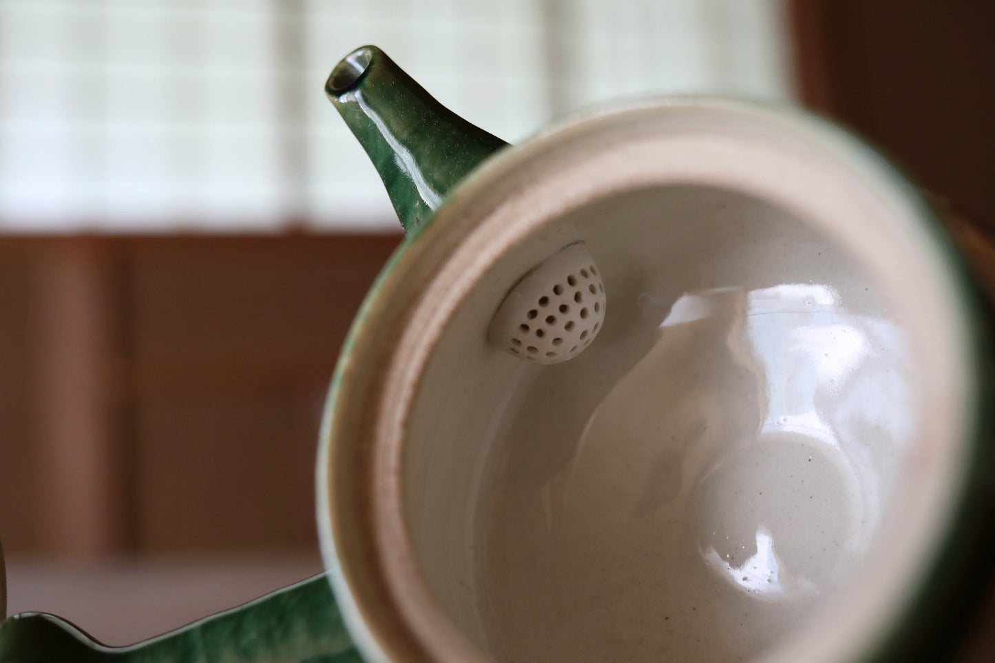 Japanese vintage Oribe ware ceramic tea set, pot, 5cups and waste-water-container, with Kanji signature SENCHA tableware Tea ceremony