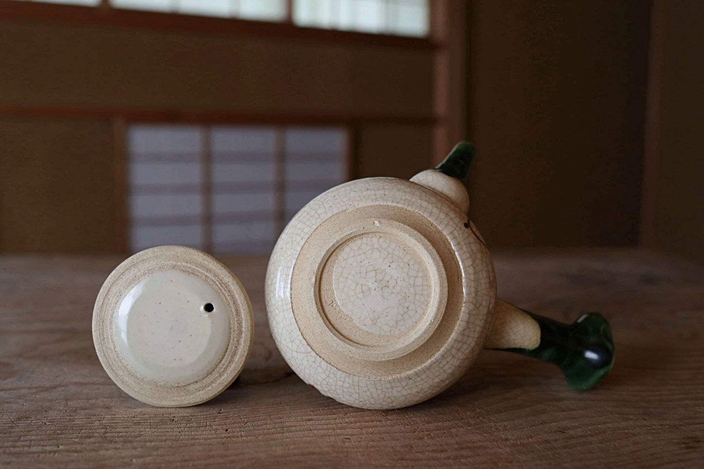 Japanese vintage Oribe ware ceramic tea set, pot, 5cups and waste-water-container, with Kanji signature SENCHA tableware Tea ceremony