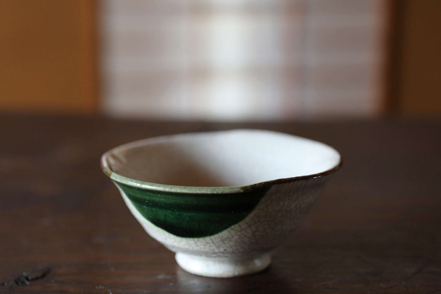 Japanese vintage kiln art sake cup Oribe green with sign "sakazuki" "guinomi" with wooden box Calligraphy For GIFT 1.5in×3.4in/3.9×8.7cm