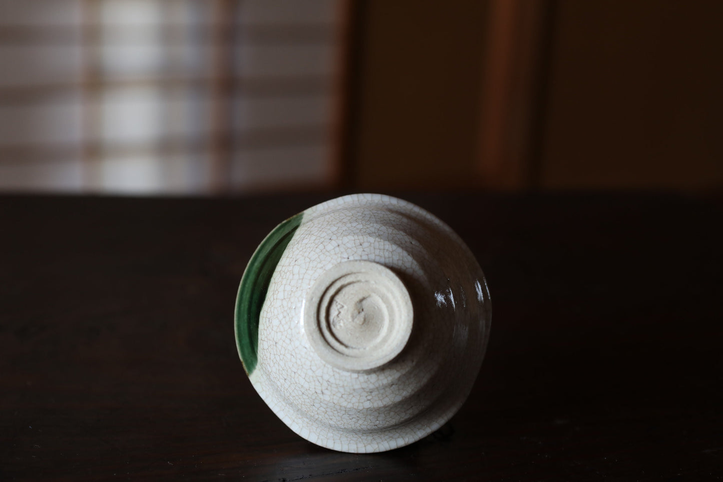 Japanese vintage kiln art sake cup Oribe green with sign "sakazuki" "guinomi" with wooden box Calligraphy For GIFT 1.5in×3.4in/3.9×8.7cm