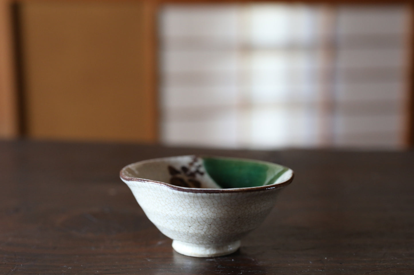 Japanese vintage kiln art sake cup Oribe green with sign "sakazuki" "guinomi" with wooden box Calligraphy For GIFT 1.5in×3.4in/3.9×8.7cm