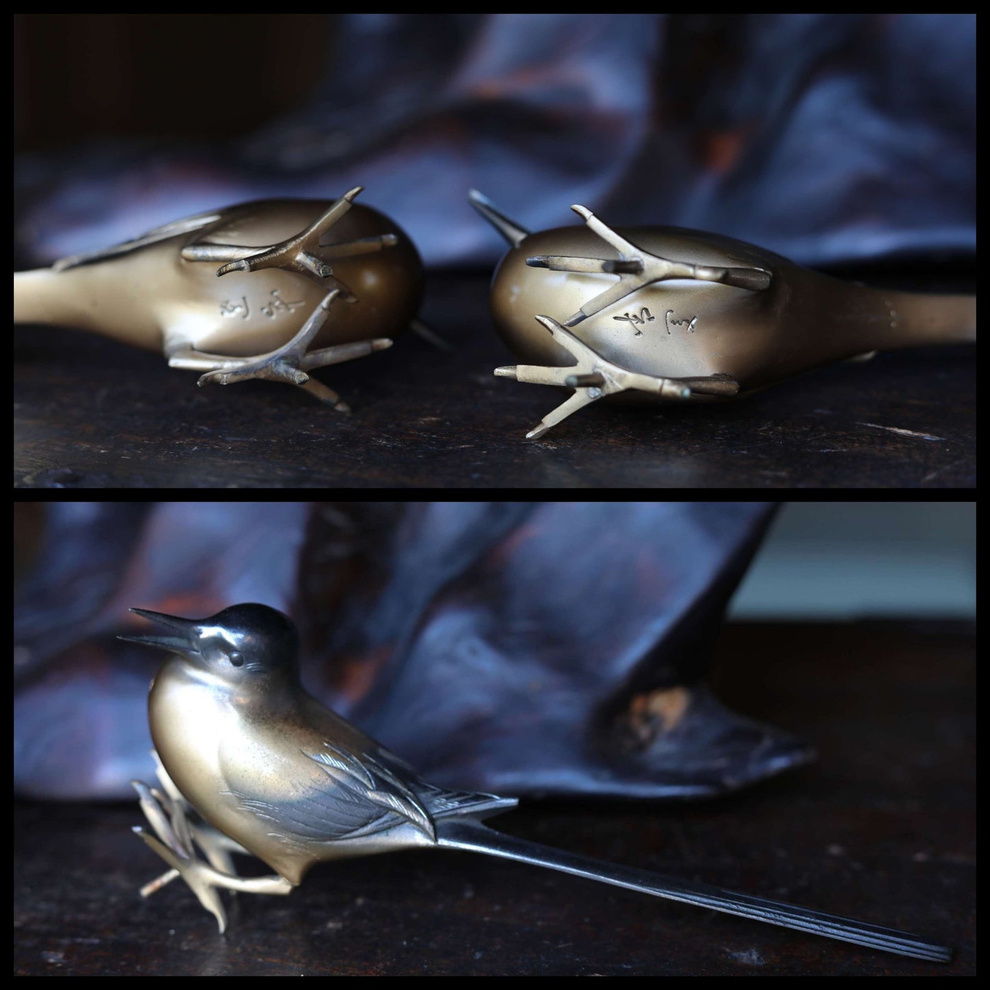Japanese antique pair of long tail birds made of bronze and wood burl stand, "BONKEI", with signature, 1900s H10.4in×W13.8in×D7.9in