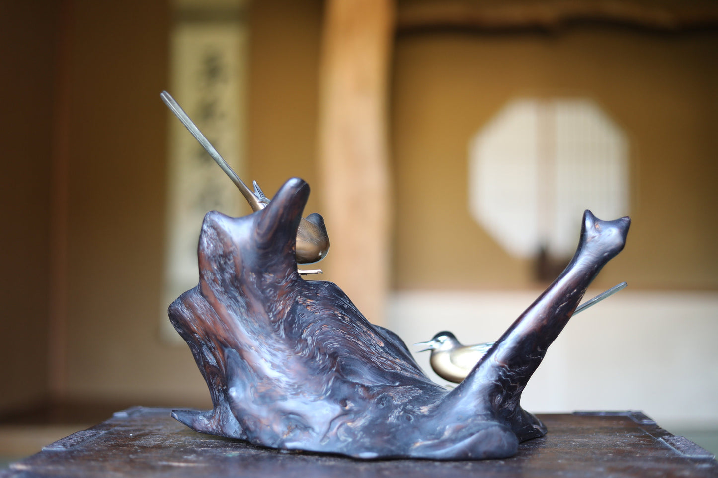 Japanese antique pair of long tail birds made of bronze and wood burl stand, "BONKEI", with signature, 1900s H10.4in×W13.8in×D7.9in