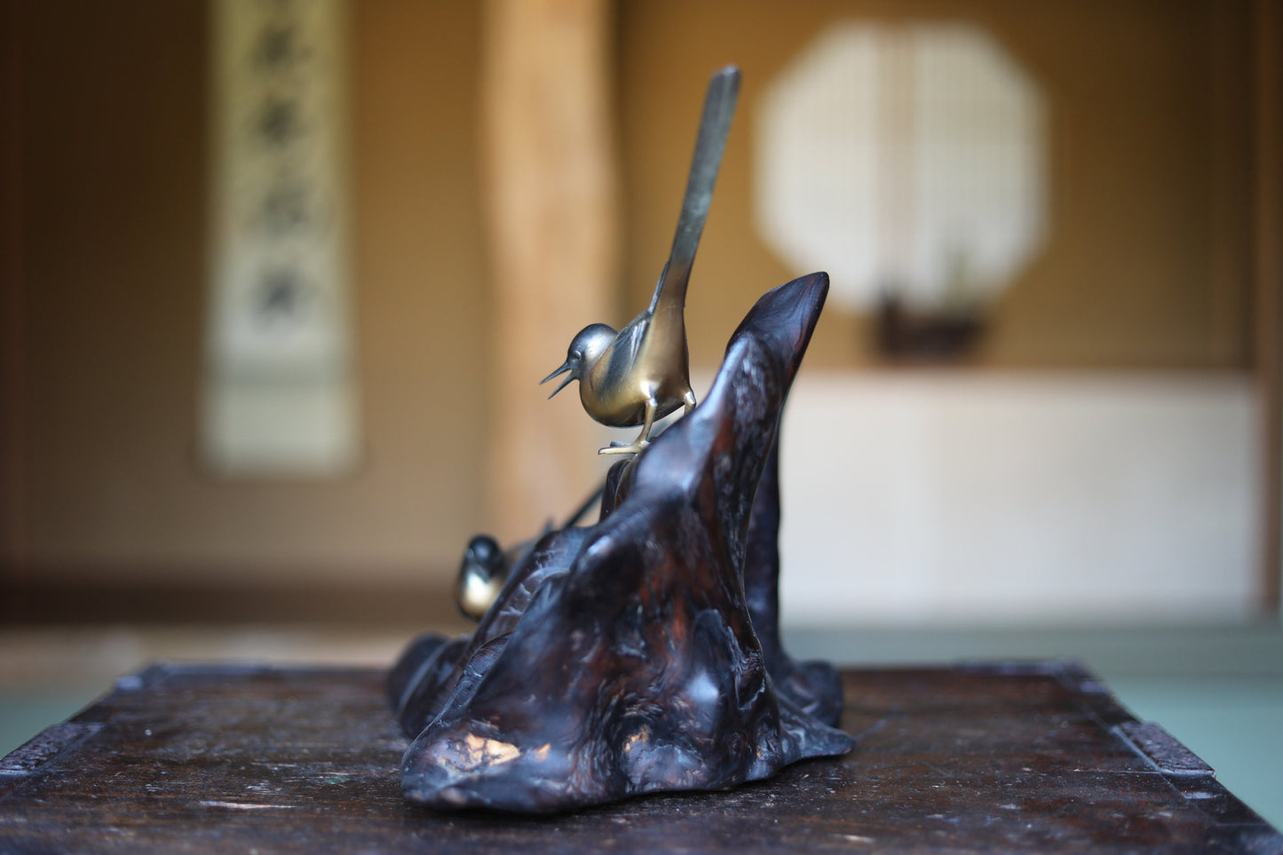 Japanese antique pair of long tail birds made of bronze and wood burl stand, "BONKEI", with signature, 1900s H10.4in×W13.8in×D7.9in
