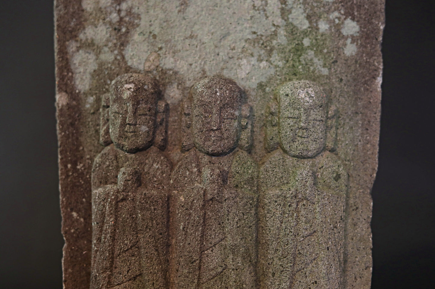 Japanese antique 1700s stone sculpture of 3 Jizo, Ksitigarbha-bodhisattva from buddhist garden furniture, religious statue H17.1in/H43.5cm
