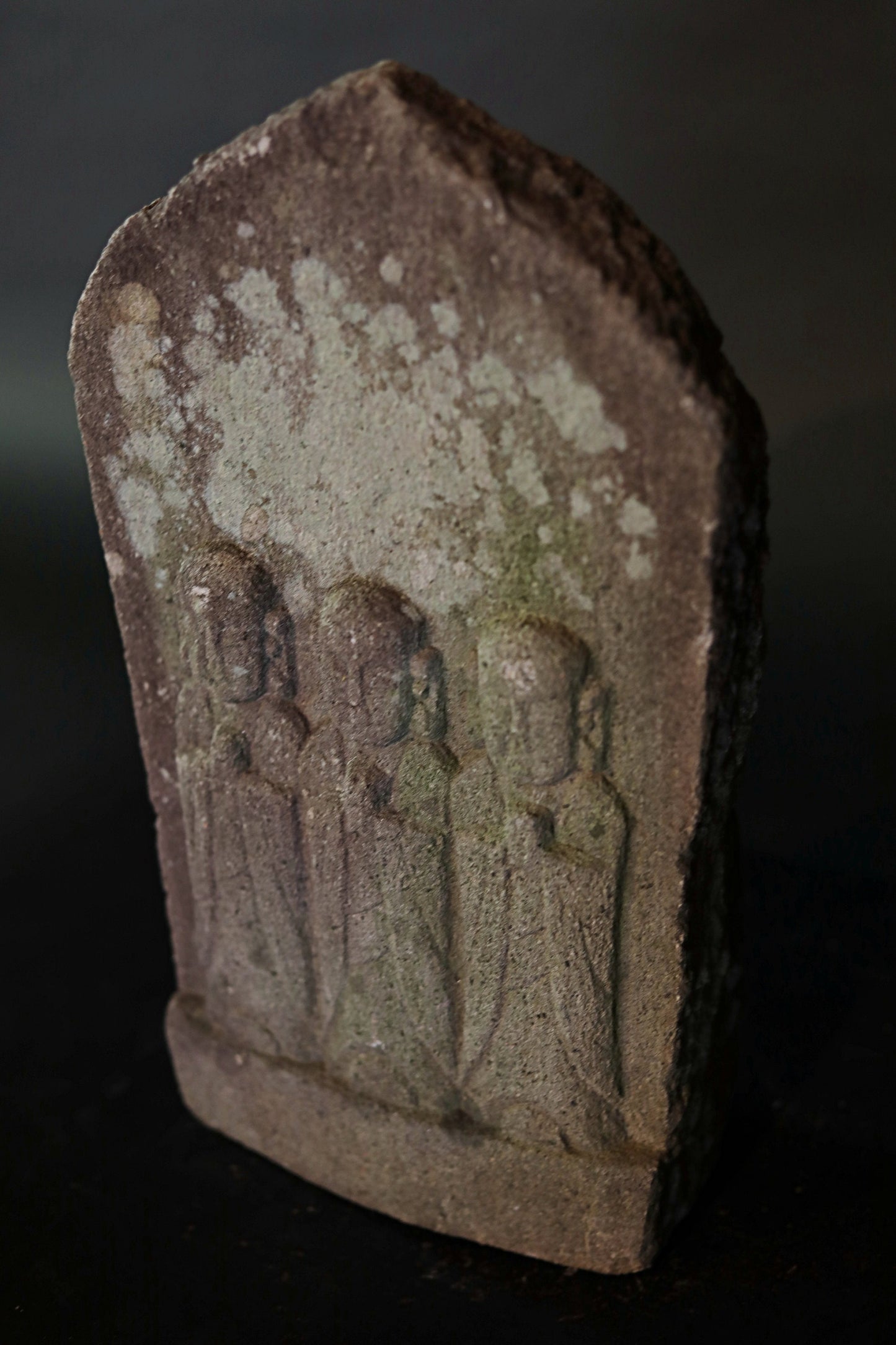 Japanese antique 1700s stone sculpture of 3 Jizo, Ksitigarbha-bodhisattva from buddhist garden furniture, religious statue H17.1in/H43.5cm