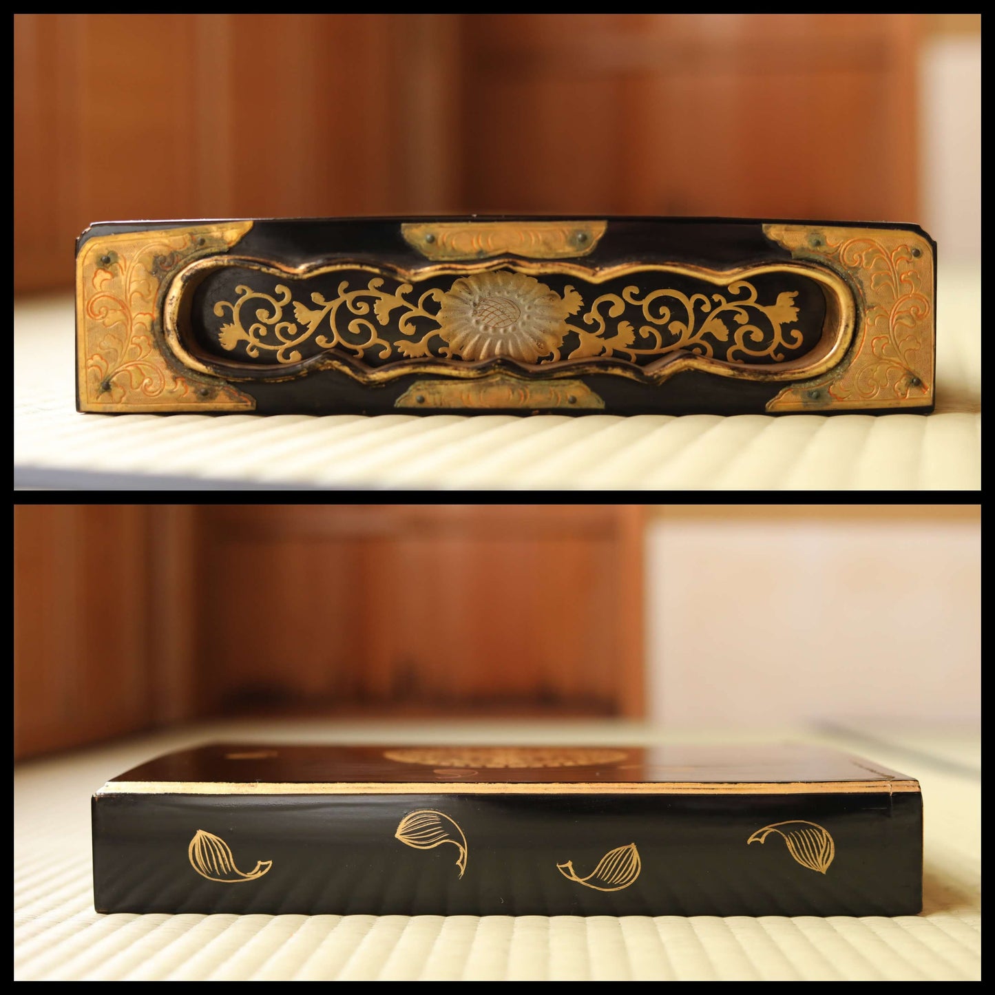 Japanese Makie Black urushi Lacquer Gold wisteria crest wooden box with 10 Buddhist sutra booklets, lacquer furniture 13.8×10in/35×25.3cm