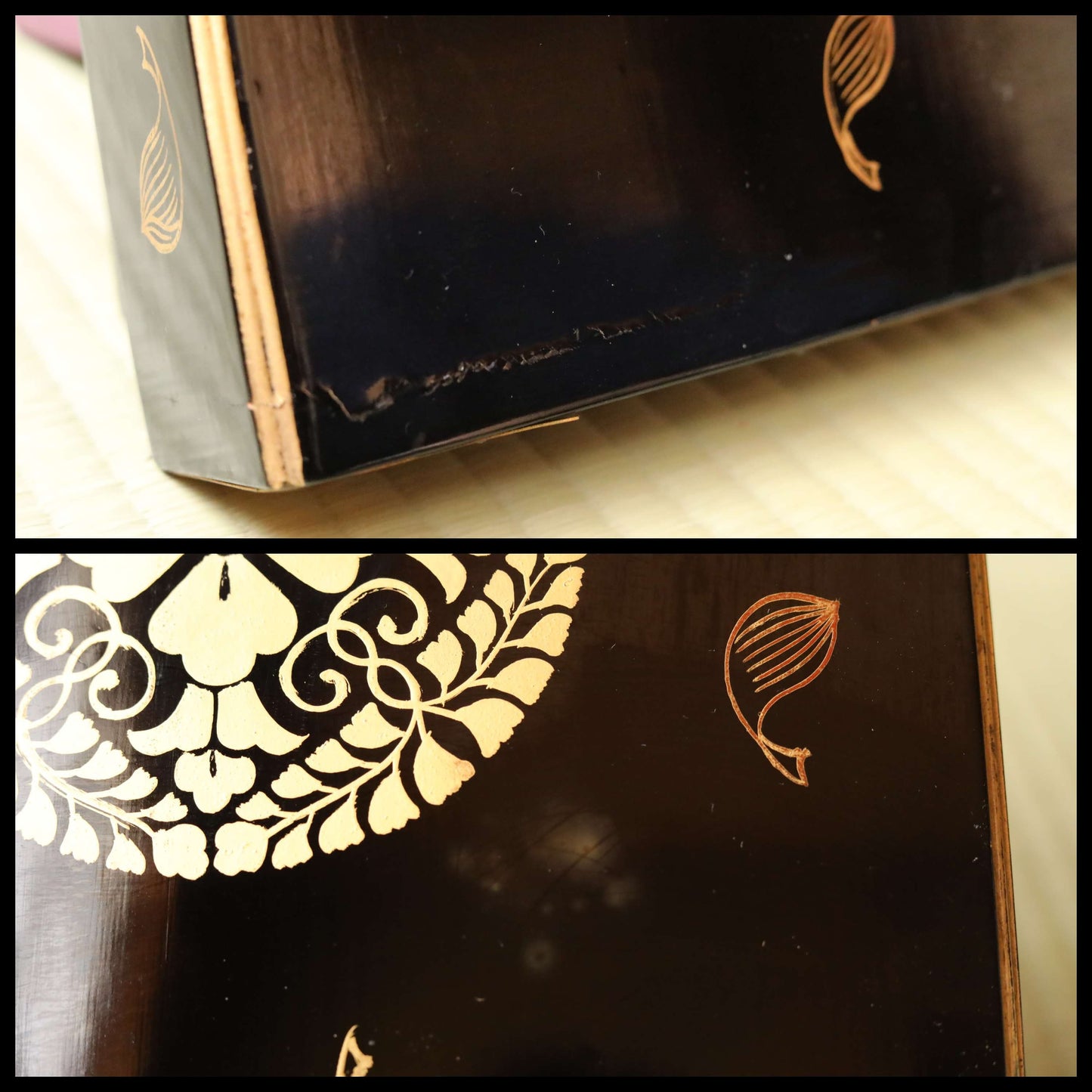 Japanese Makie Black urushi Lacquer Gold wisteria crest wooden box with 10 Buddhist sutra booklets, lacquer furniture 13.8×10in/35×25.3cm
