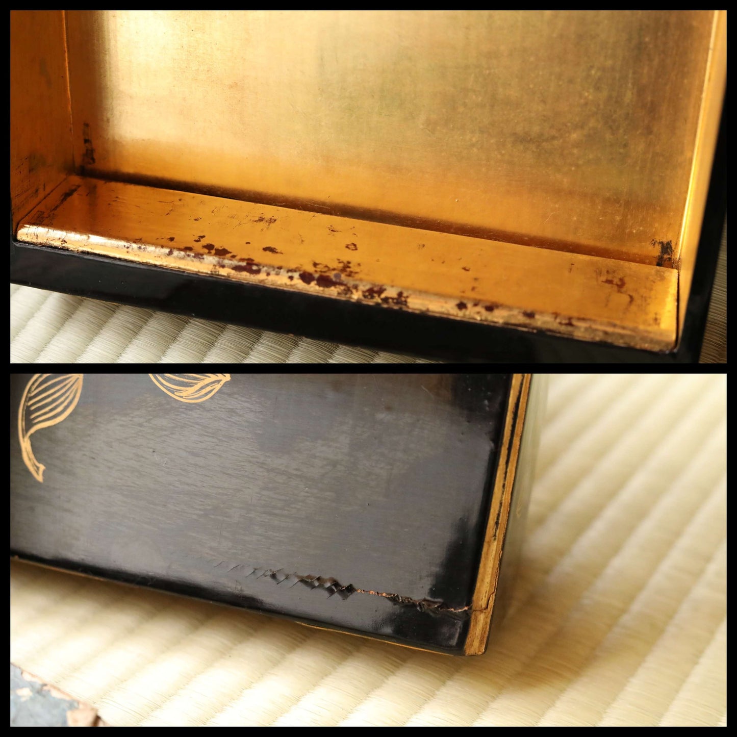 Japanese Makie Black urushi Lacquer Gold wisteria crest wooden box with 10 Buddhist sutra booklets, lacquer furniture 13.8×10in/35×25.3cm
