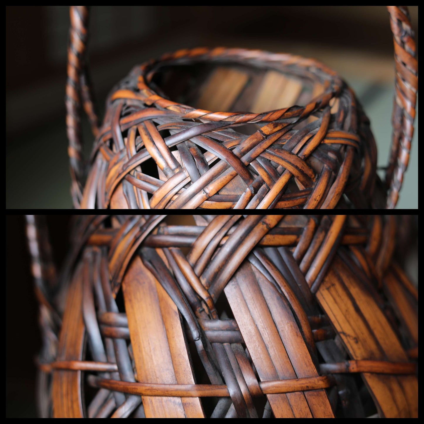 Japanese antique bamboo woven basket in smoke stained color with Inner vase For IKEBANA Tea ceremony, Hana-kago 1920s H15.4×10.6in/H39×27cm