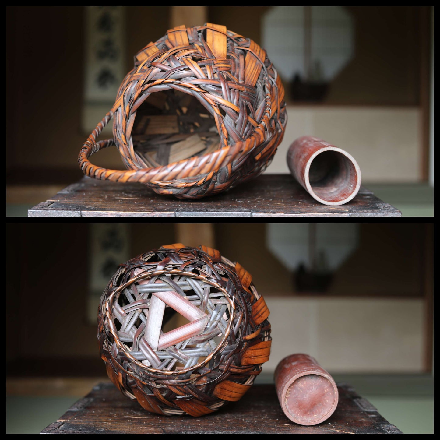 Japanese antique bamboo woven basket in smoke stained color with Inner vase For IKEBANA Tea ceremony, Hana-kago 1920s H15.4×10.6in/H39×27cm