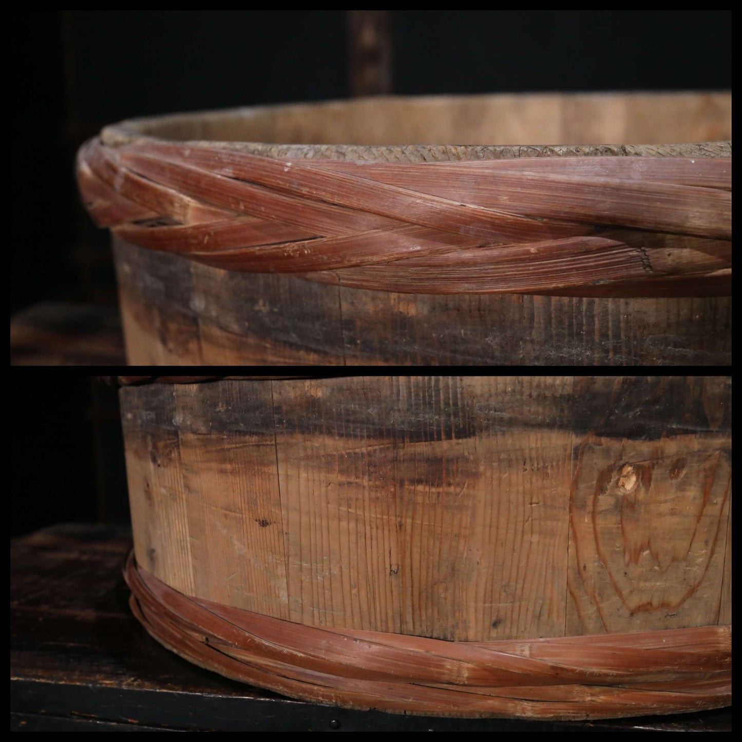 Japanese antique 1950s wooden tub large storage "OKE/bucket" with bamboo belt, MINGEI, farm appliance, H7.9×20.9in/H20×53cm