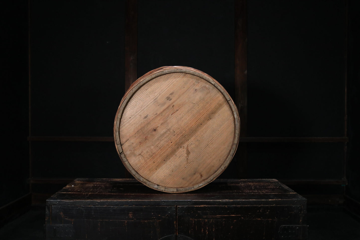 Japanese antique 1950s wooden tub large storage "OKE/bucket" with bamboo belt, MINGEI, farm appliance, H7.9×20.9in/H20×53cm