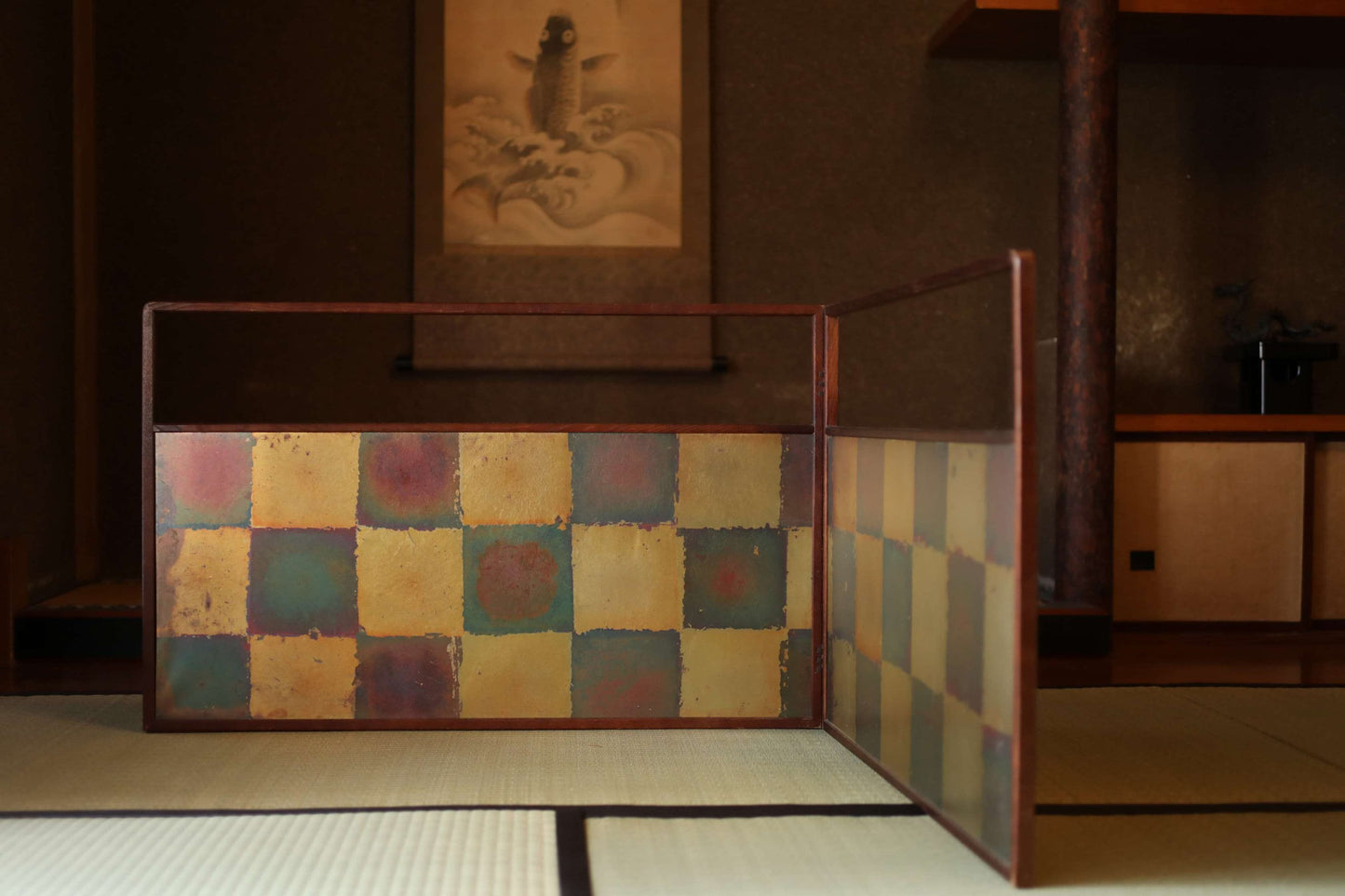 Japanese Furniture vintage byobu 結界Boundary partition for tea ceremony / folding screen Furo-saki check pattern H21.5×W28.7in/H54.5×W73cm