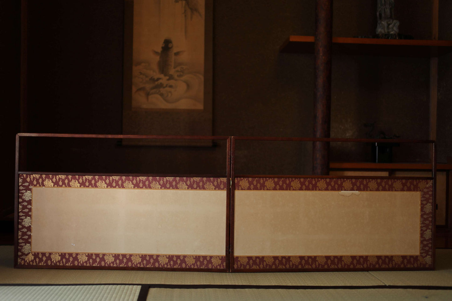 Japanese Furniture vintage byobu 結界Boundary partition for tea ceremony / folding screen Furo-saki check pattern H21.5×W28.7in/H54.5×W73cm
