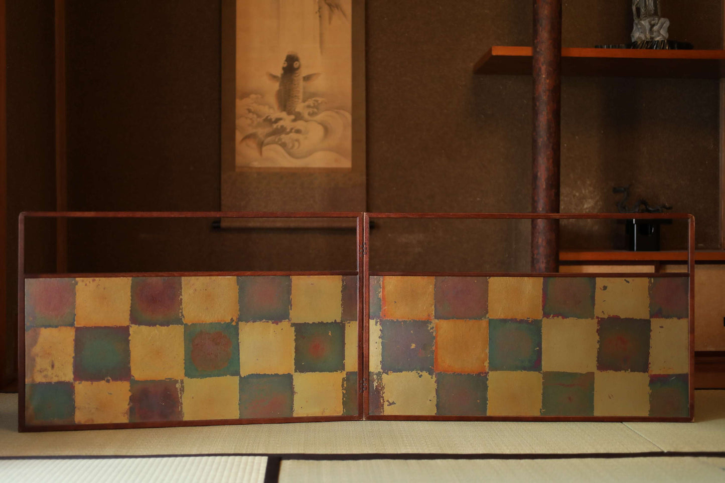 Japanese Furniture vintage byobu 結界Boundary partition for tea ceremony / folding screen Furo-saki check pattern H21.5×W28.7in/H54.5×W73cm